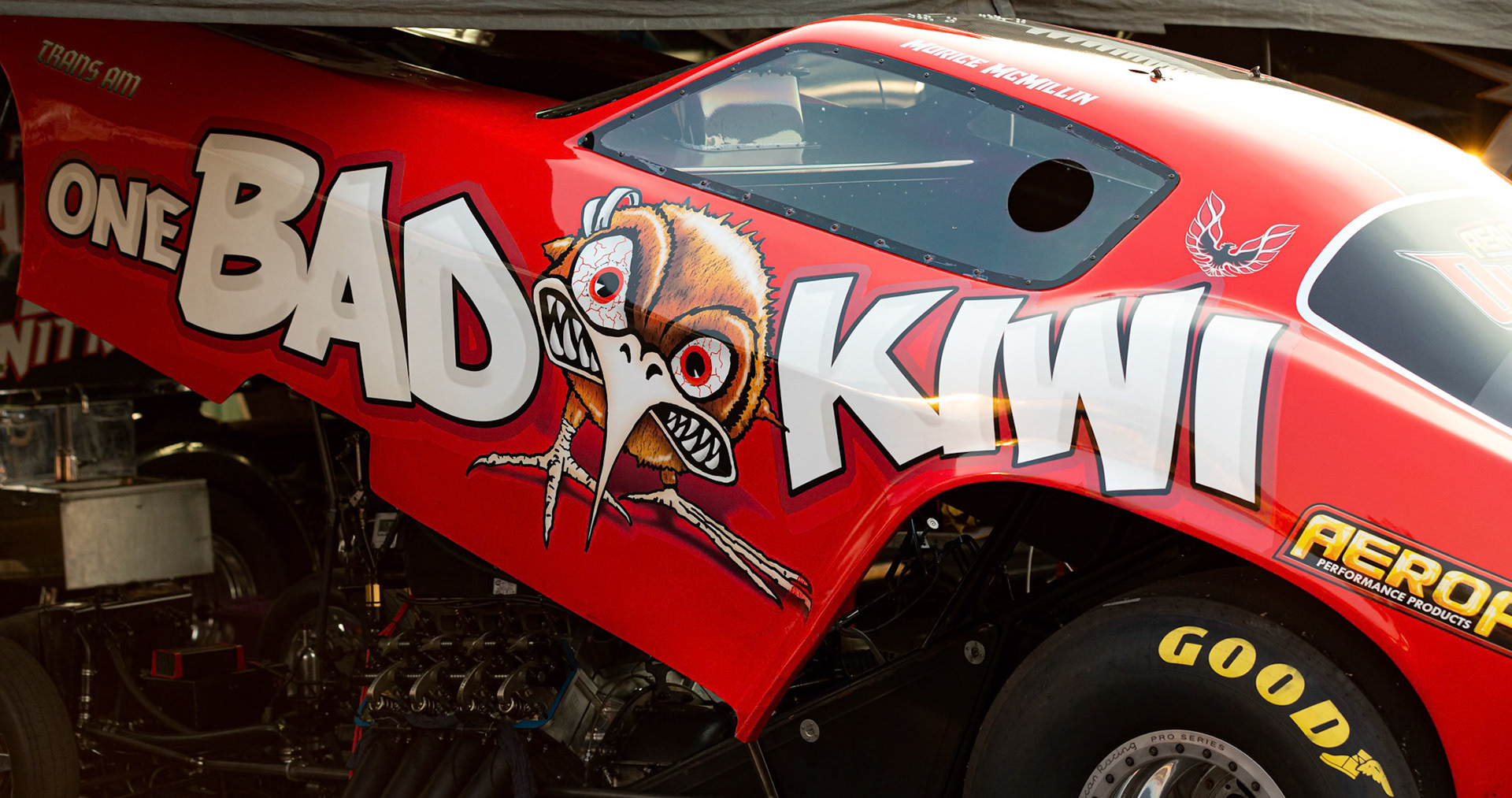 Close up of a competitor's car in the pitlane at the Aeroflow Outlaw Nitro Funnycar event on the 9th of November, 2019 at Willowbank Raceway in Queensland, Australia