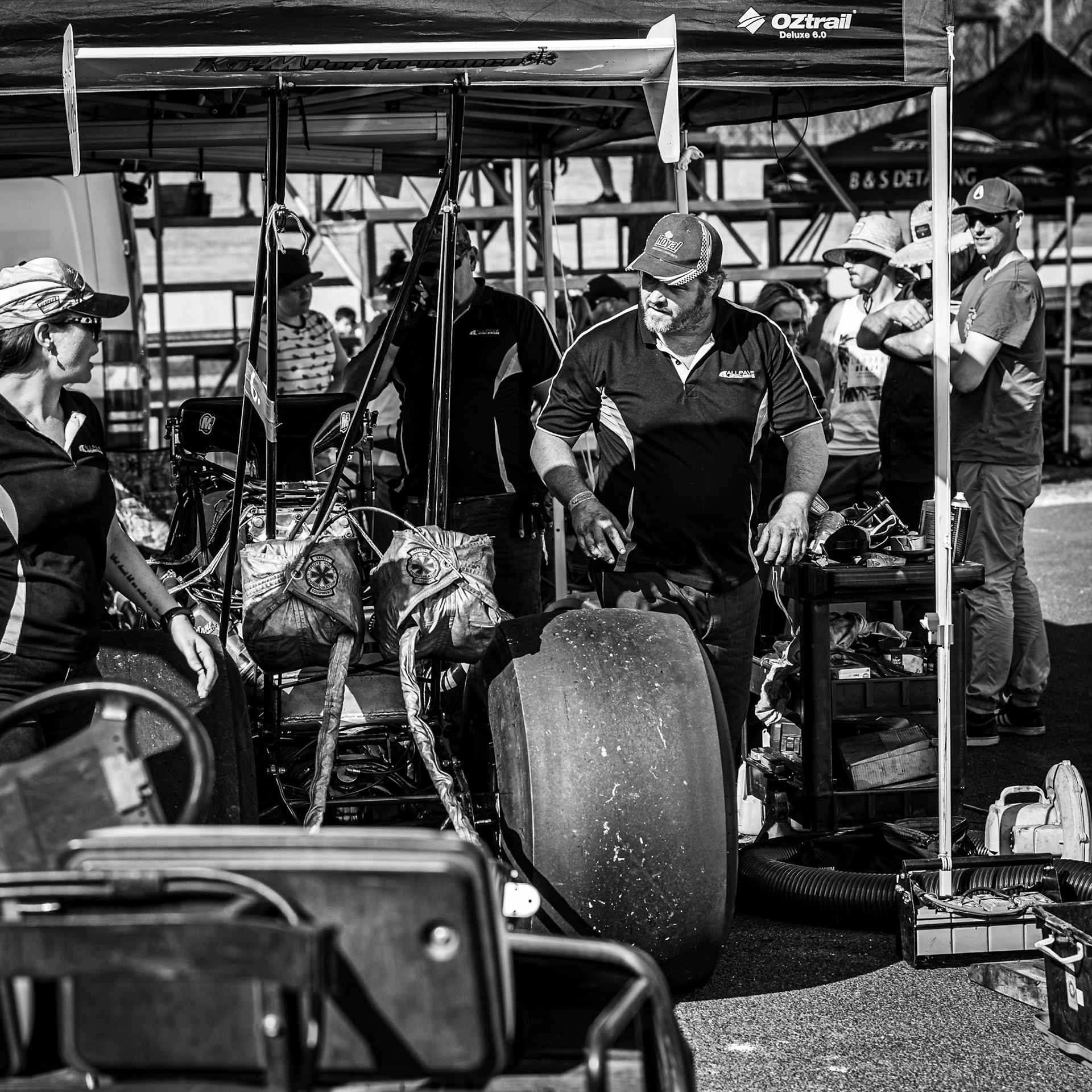 Close up of a competitor's car in the pitlane at the Aeroflow Outlaw Nitro Funnycar event on the 9th of November, 2019 at Willowbank Raceway in Queensland, Australia