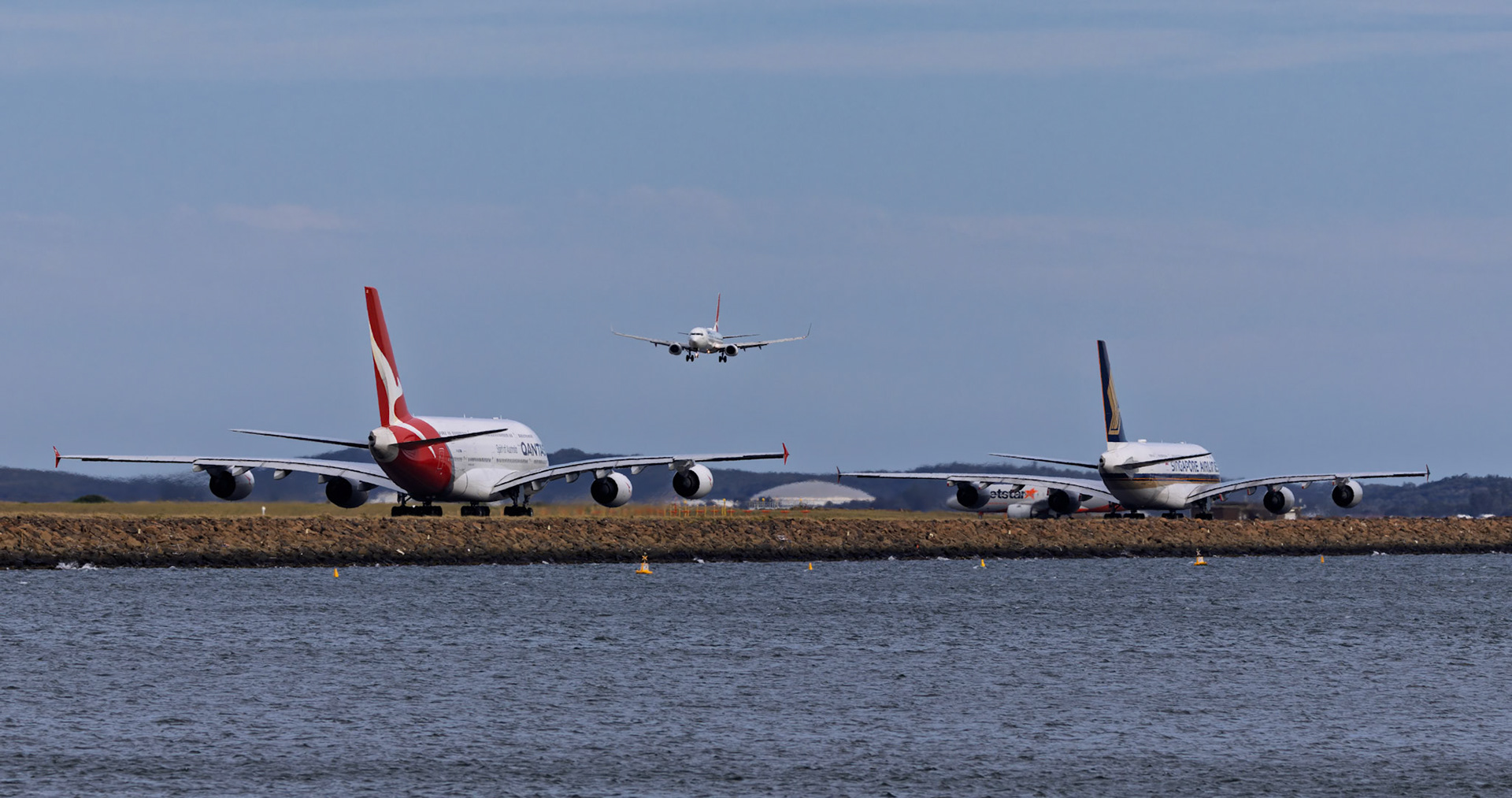 Singapore Airlines Airbus A380-841 [9V-SKQ] and Qantas Airbus A380-842 [VH-OQG] from The Beach, Sydney Airport, Australia