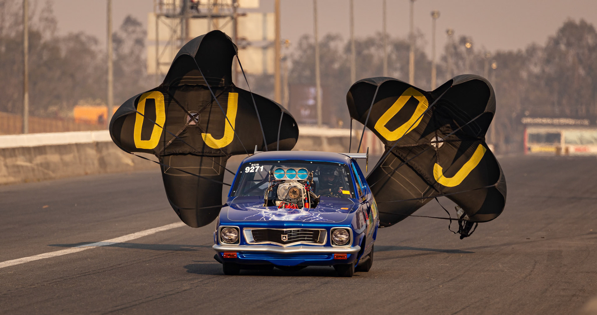 Competitor completing the run at the Aeroflow Outlaw Nitro Funnycar event on the 9th of November, 2019 at Willowbank Raceway in Queensland, Australia