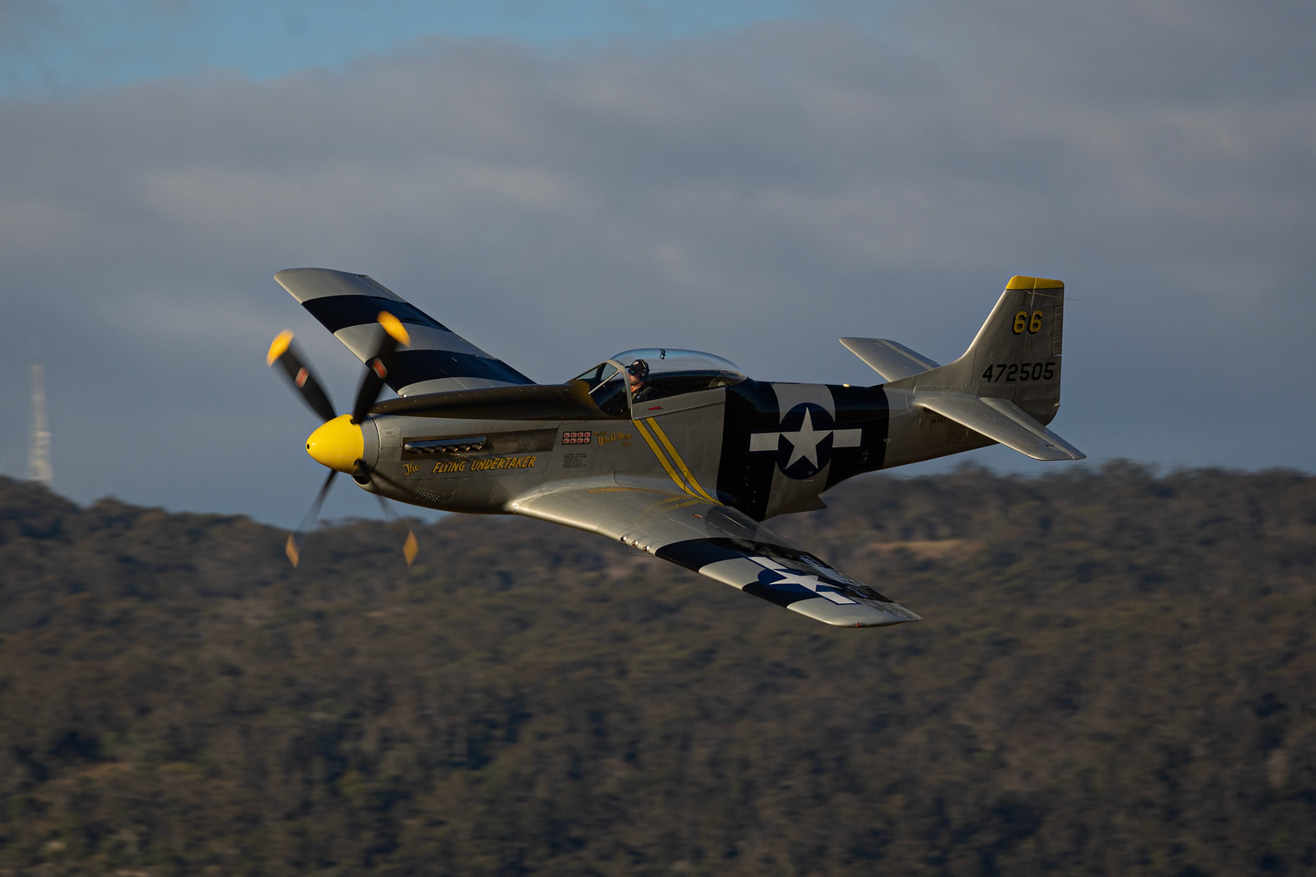 The P-51D Mustang in flight at the 2022 Brisbane Airshow at Watts Bridge Memorial Airport, Australia
