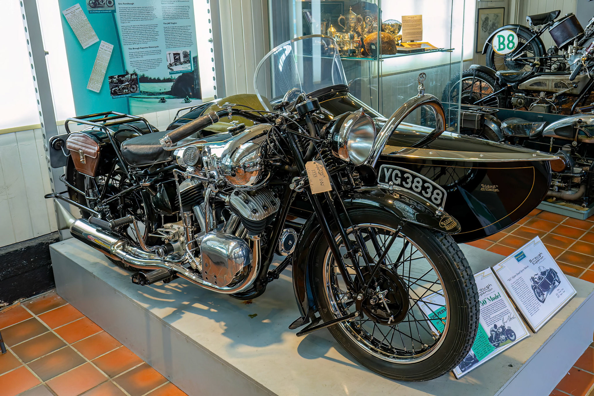 The Brough Superior with Alpine Grand Sports Sidecar at Brooklands musuem at Brooklands, England