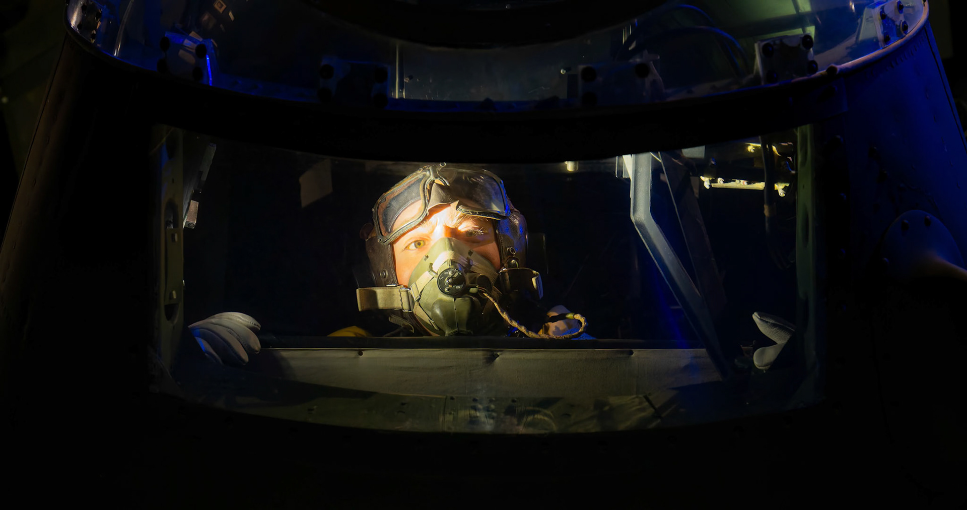Crew member on board an Avro Lancaster Mk I Bomber - Big George on display at the Australia War Memorial in Canberra, Australia