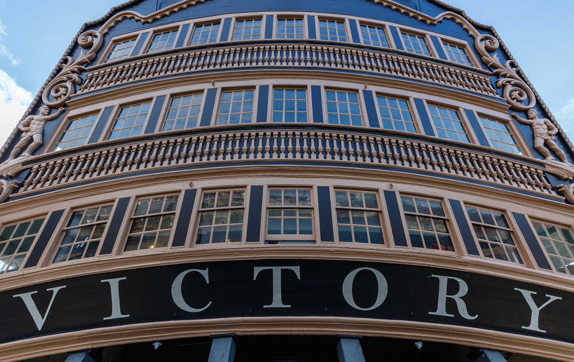 Rear of the HMS Victory at Portsmouth Historic Dockyard in Portsmouth, England