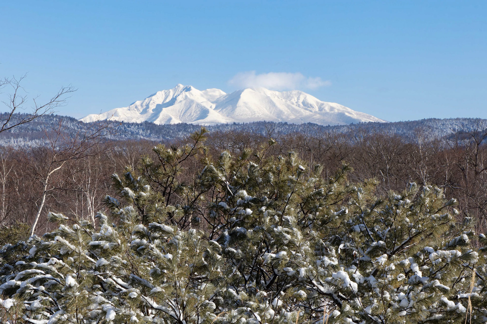 A view of Mount Shari from the Mount IO Rest House in Kawakami District on the island of Hokkaido, Japan