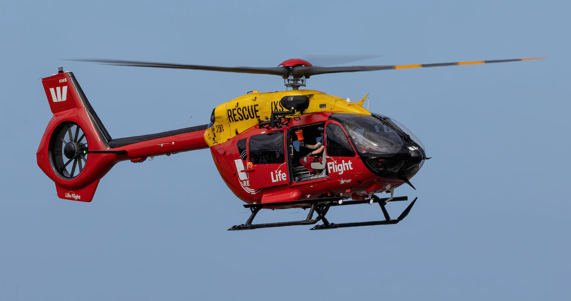 Wellington Westpac Rescue Airbus Helicopters H145 [ZK-IXS], from Coutts Street during the Life Flight Open Day at Wellington Airport, New Zealand