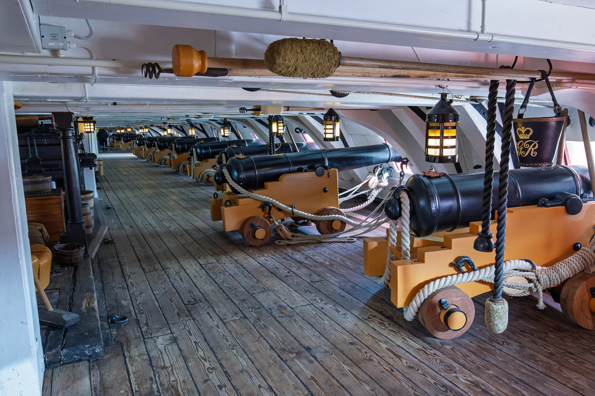 Canons onboard the HMS Victory at Portsmouth Historic Dockyard in Portsmouth, England