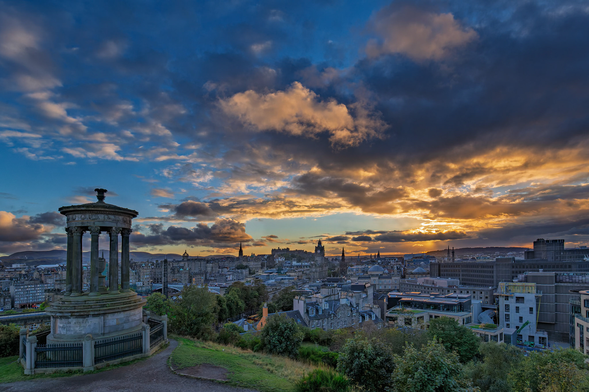 Sunset over Edinburgh from Calton Hill in Edinburgh, Scotland