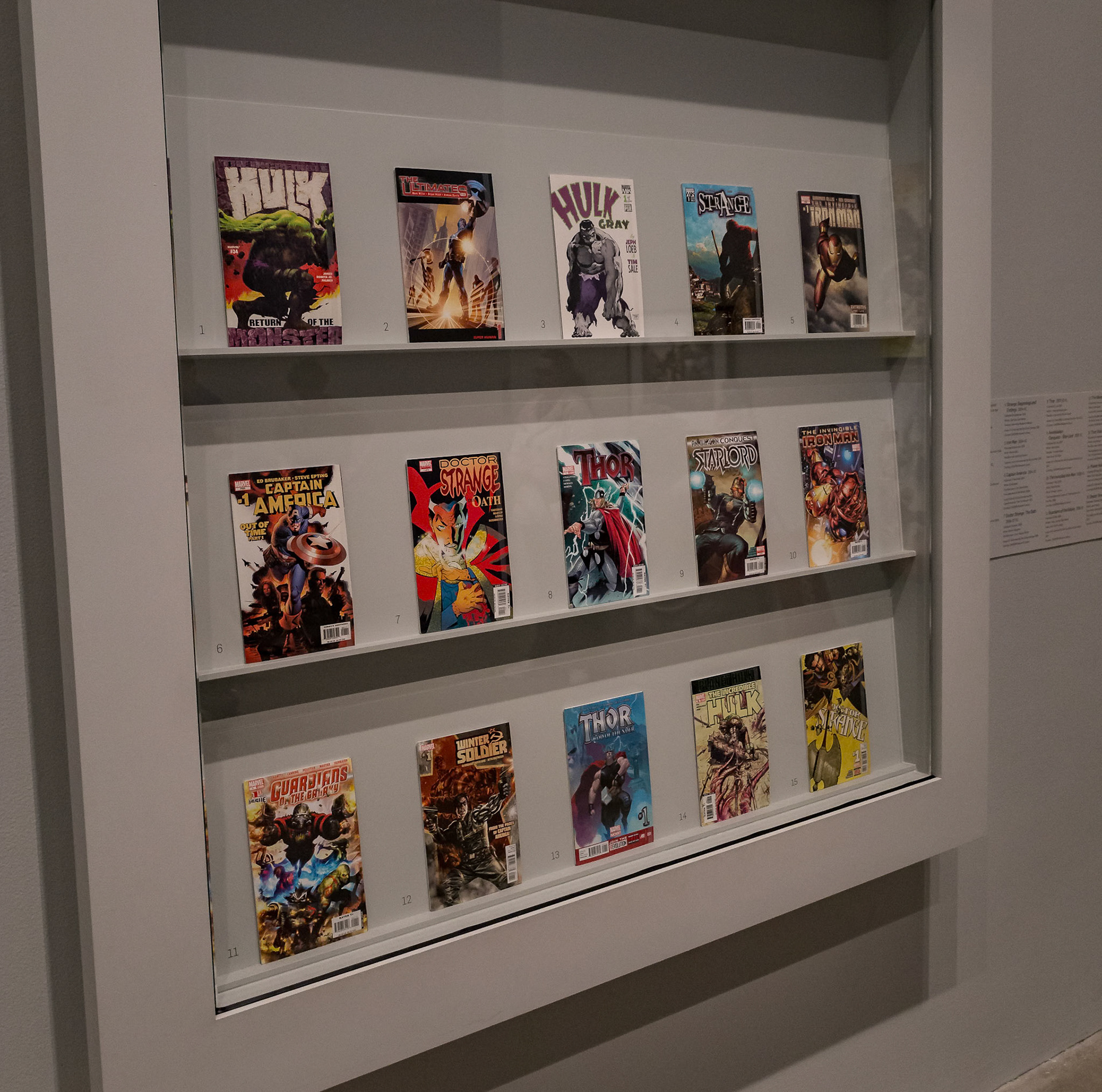 Comic books display at GOMA for the Marvel Exhibition, Brisbane
