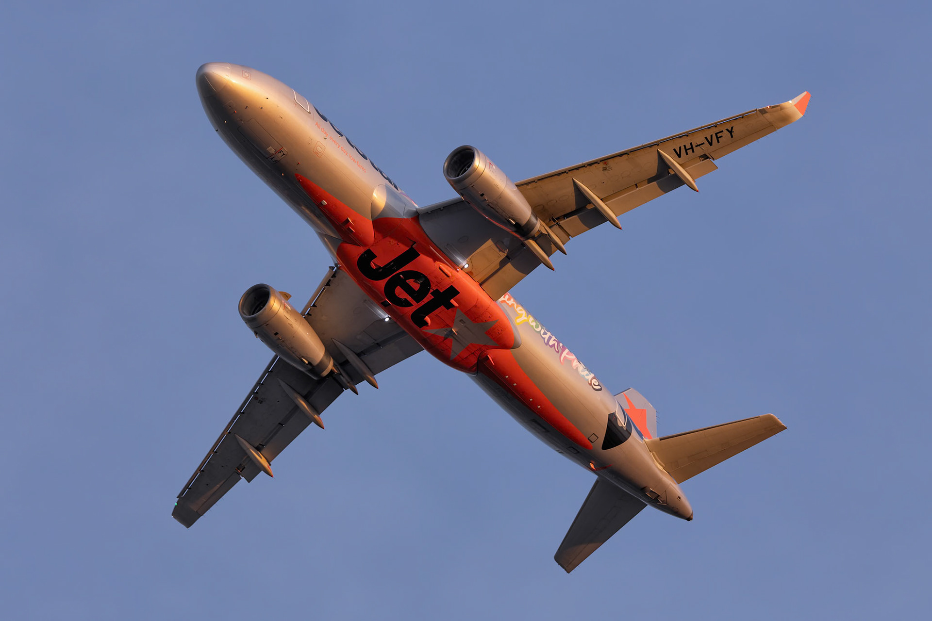 Jetstar Airbus A320-232 (Flying with Pride Livery) [VH-VFY] Departing to Brisbane from the P3 Carpark, Sydney Airport, Australia