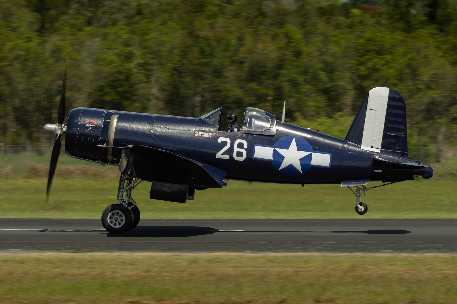 Paul Bennet in the Vought Corsair F4U-1D [VH-NQW] at the Barrington Coast Airshow in Taree, New South Wales, Australia. 9th of November, 2024
