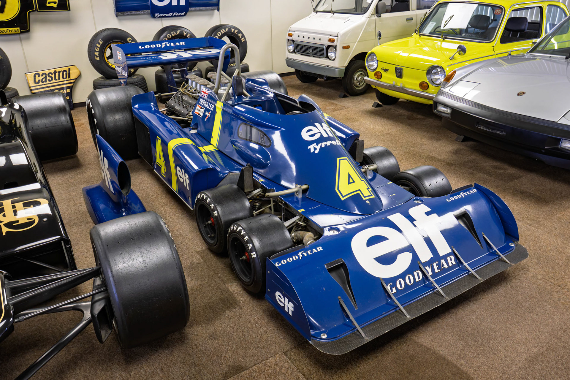 Patrick Depailler's Tyrell P34 Six Wheeler Car 4 from the 1976 F1 Season at the Tamiya Corporate Headquarters in Suruga Ward, Shizuoka, Japan