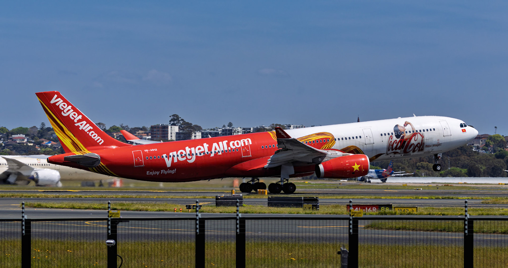 Vietjet Air Airbus A330-343 (Coca-Cola Livery) [VN-A821] Departing to Ho Chi Minh City from the Sheps Mound, Sydney Airport, Australia