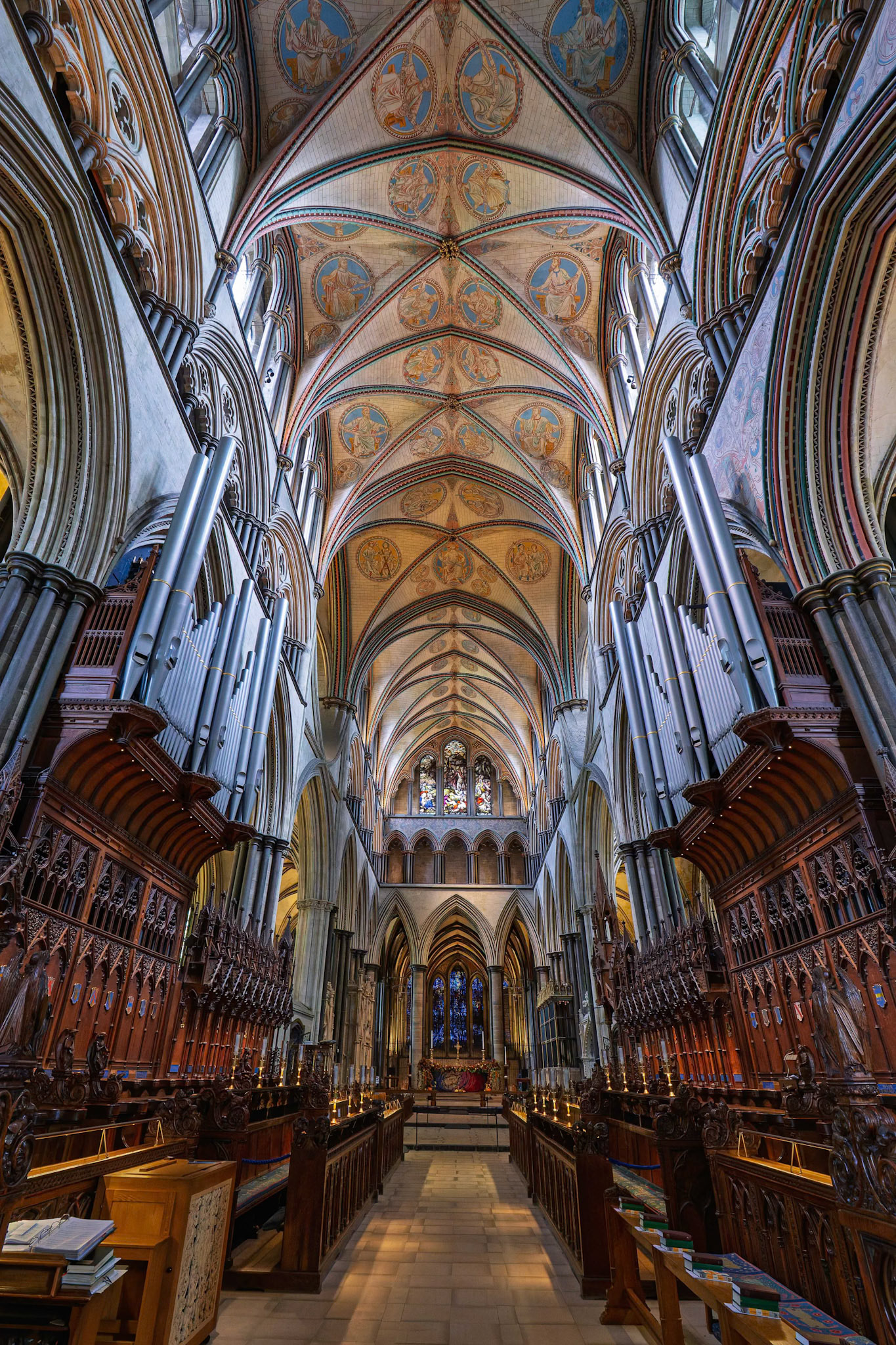 Looking up inside Salisbury Cathedral in Salisbury, England