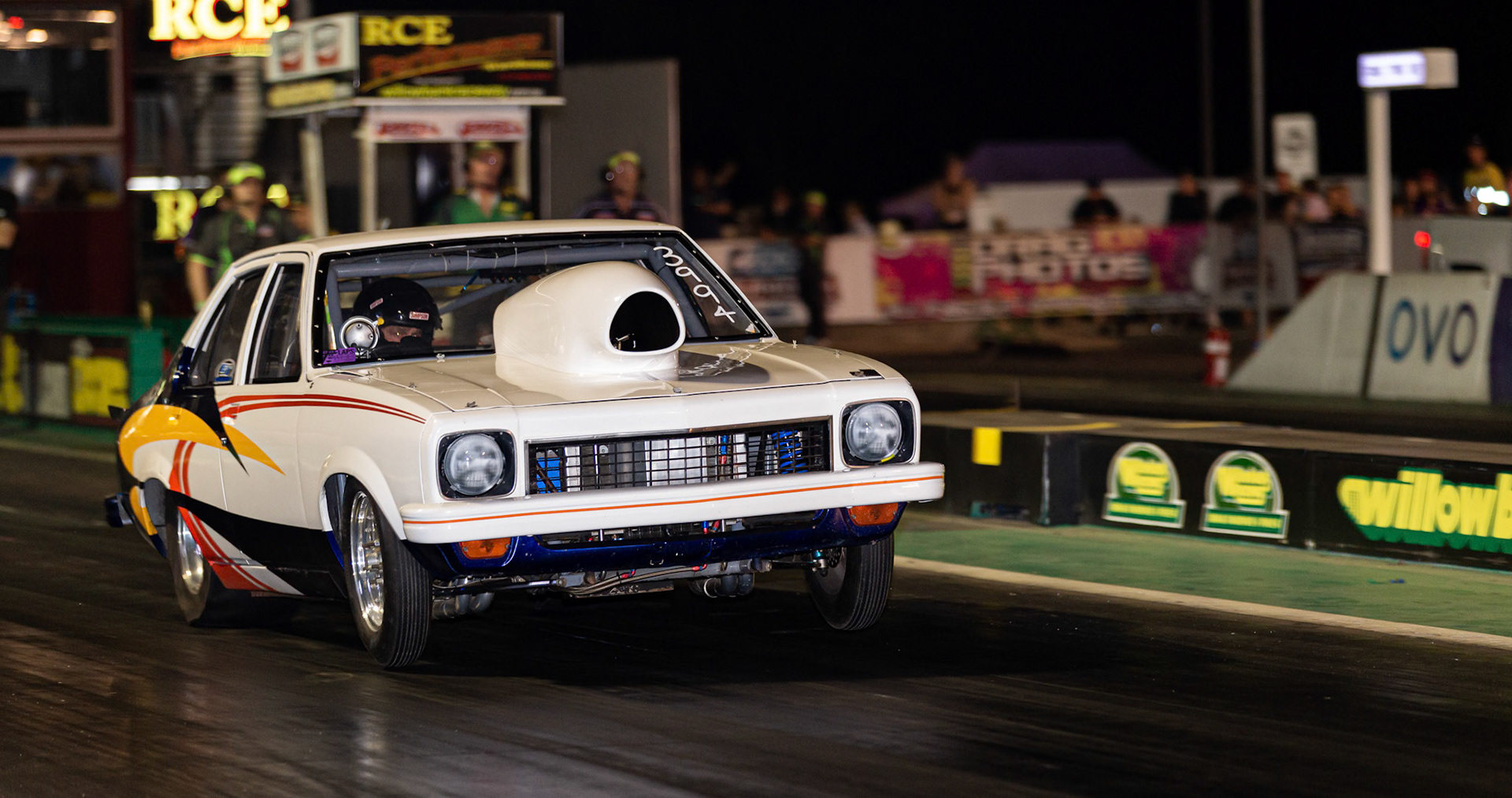 Competitor launching off the start line at the Aeroflow Outlaw Nitro Funnycar event on the 9th of November, 2019 at Willowbank Raceway in Queensland, Australia
