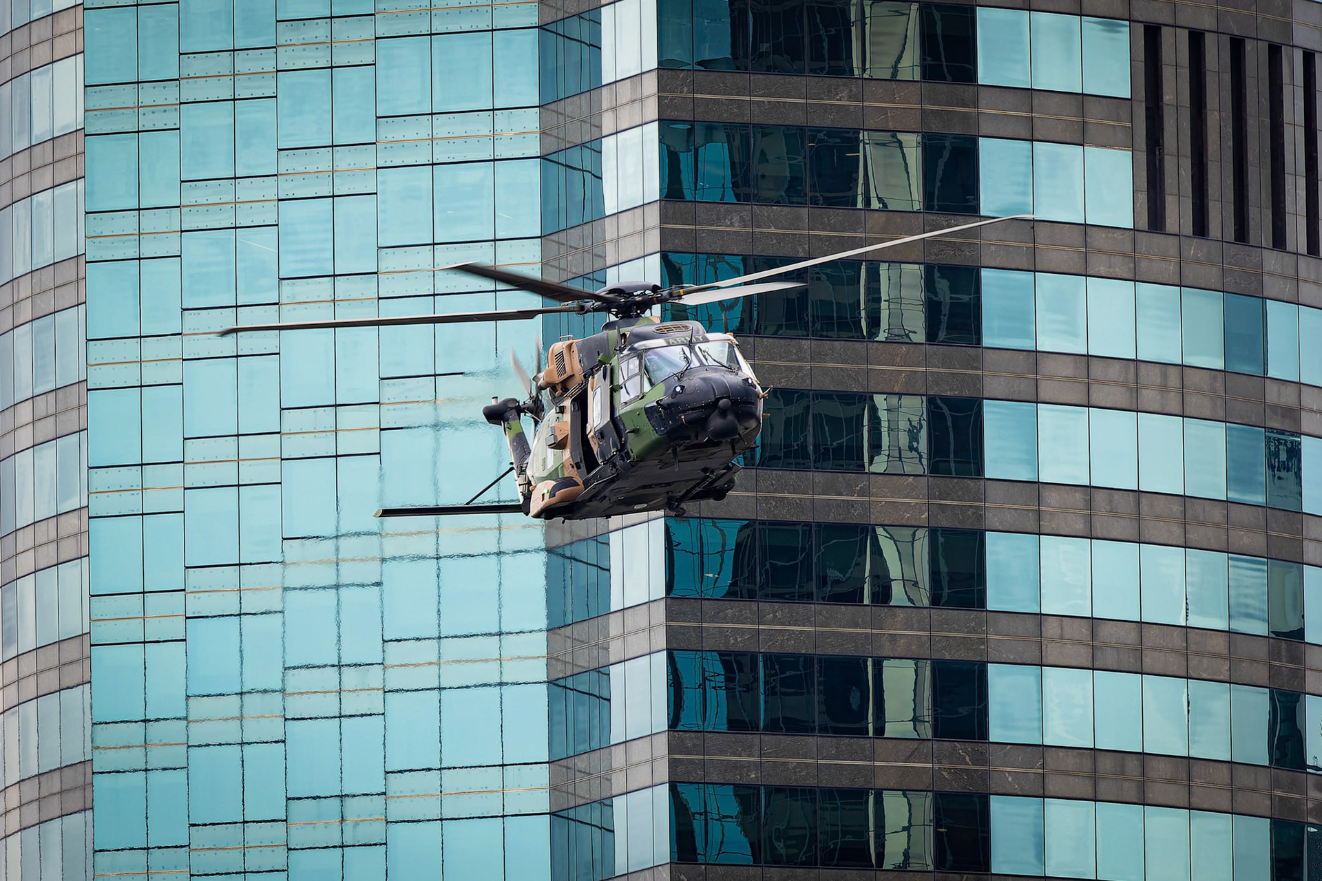 Army Helicopter from the School of Army Aviation in Oakey - MRH-90 Taipan Battlefield Mobility helicopter for the 2022 Brisbane Riverfire Rehearsals in Brisbane, Australia