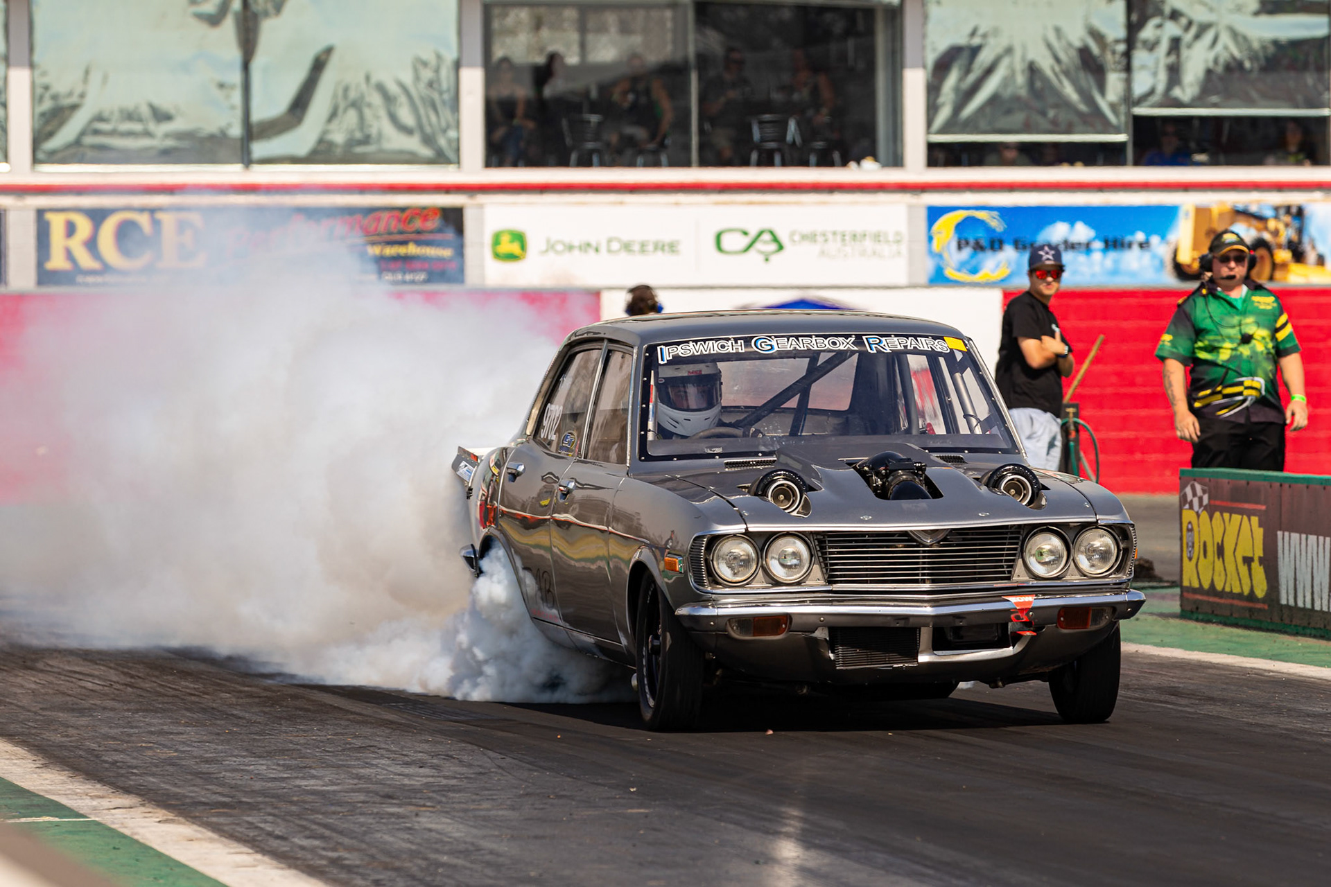 Competitor off the start line at the Aeroflow Outlaw Nitro Funnycar event on the 9th of November, 2019 at Willowbank Raceway in Queensland, Australia