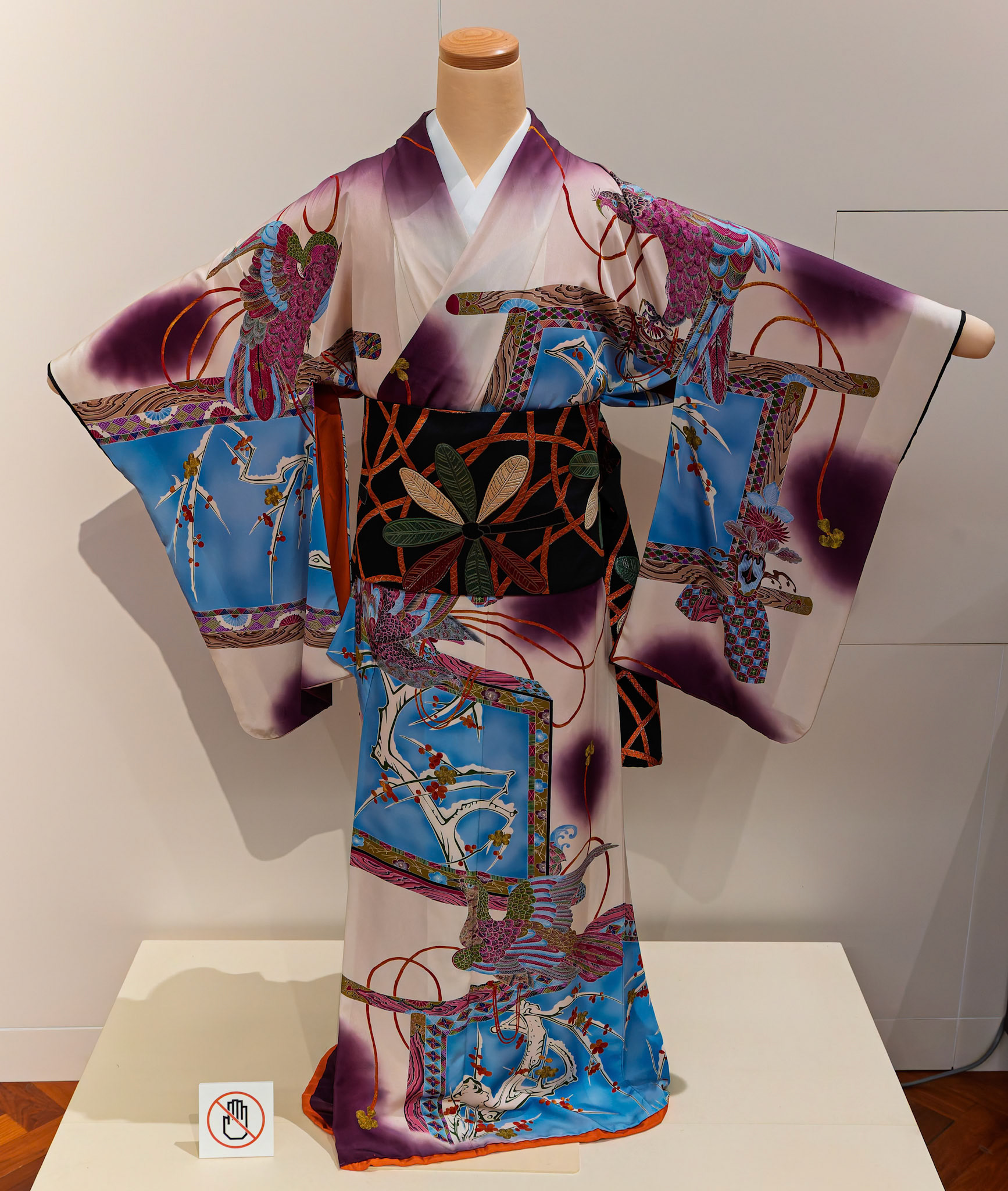Long-Sleeved Robe (Furisode) with Plum Trees, Screens and Falcons (Replica) on display at the Tokyo National Museum in Tokyo, Japan