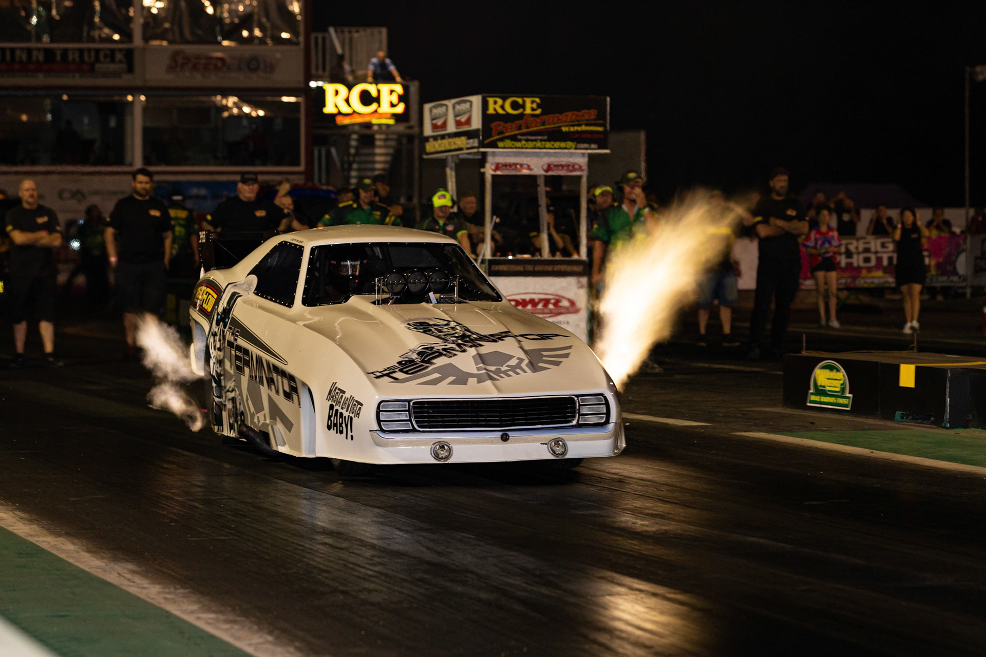 Competitor 'The Terminator' starting a run at the Aeroflow Outlaw Nitro Funnycar event on the 9th of November, 2019 at Willowbank Raceway in Queensland, Australia