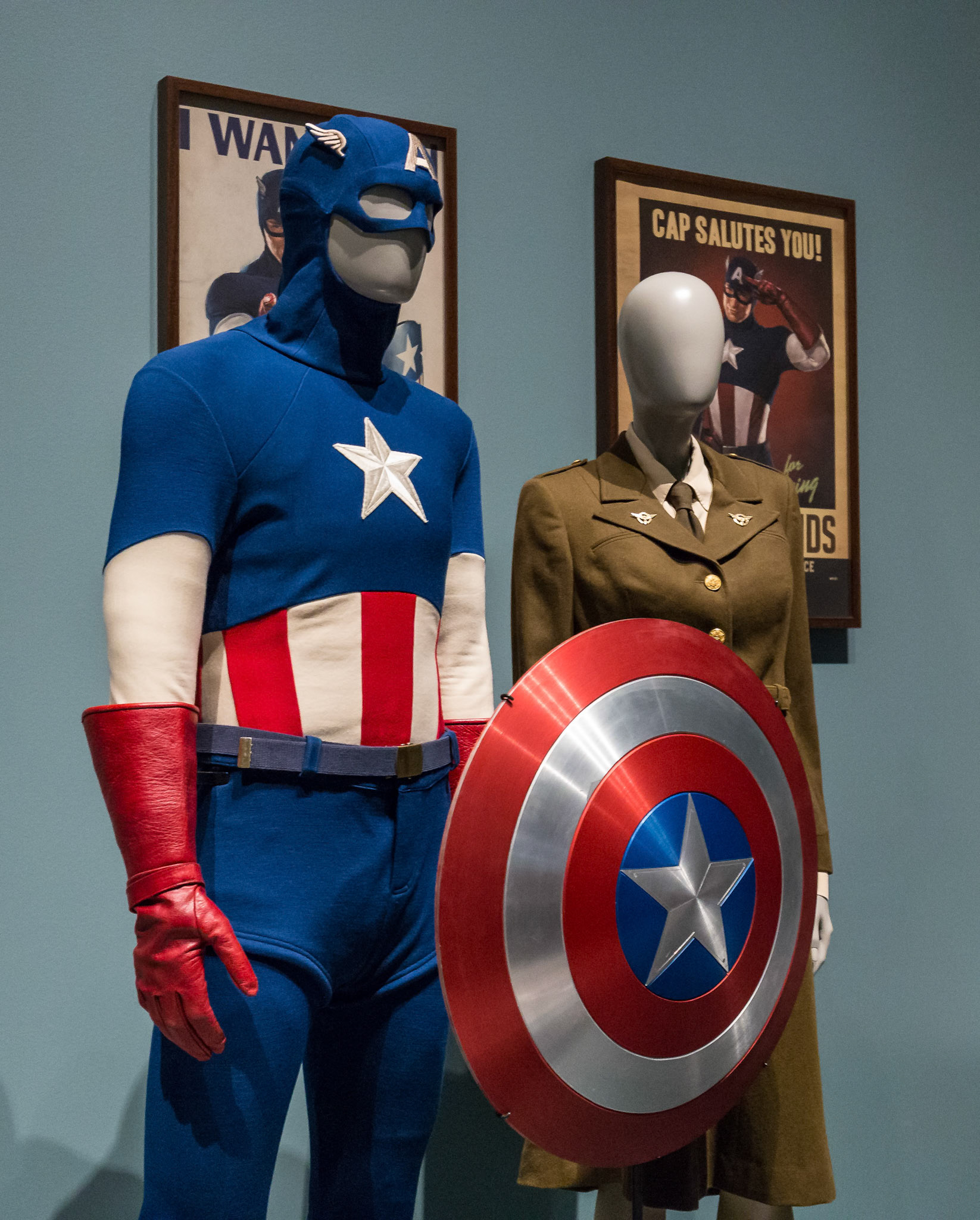 Captain America customes display at GOMA for the Marvel Exhibition, Brisbane