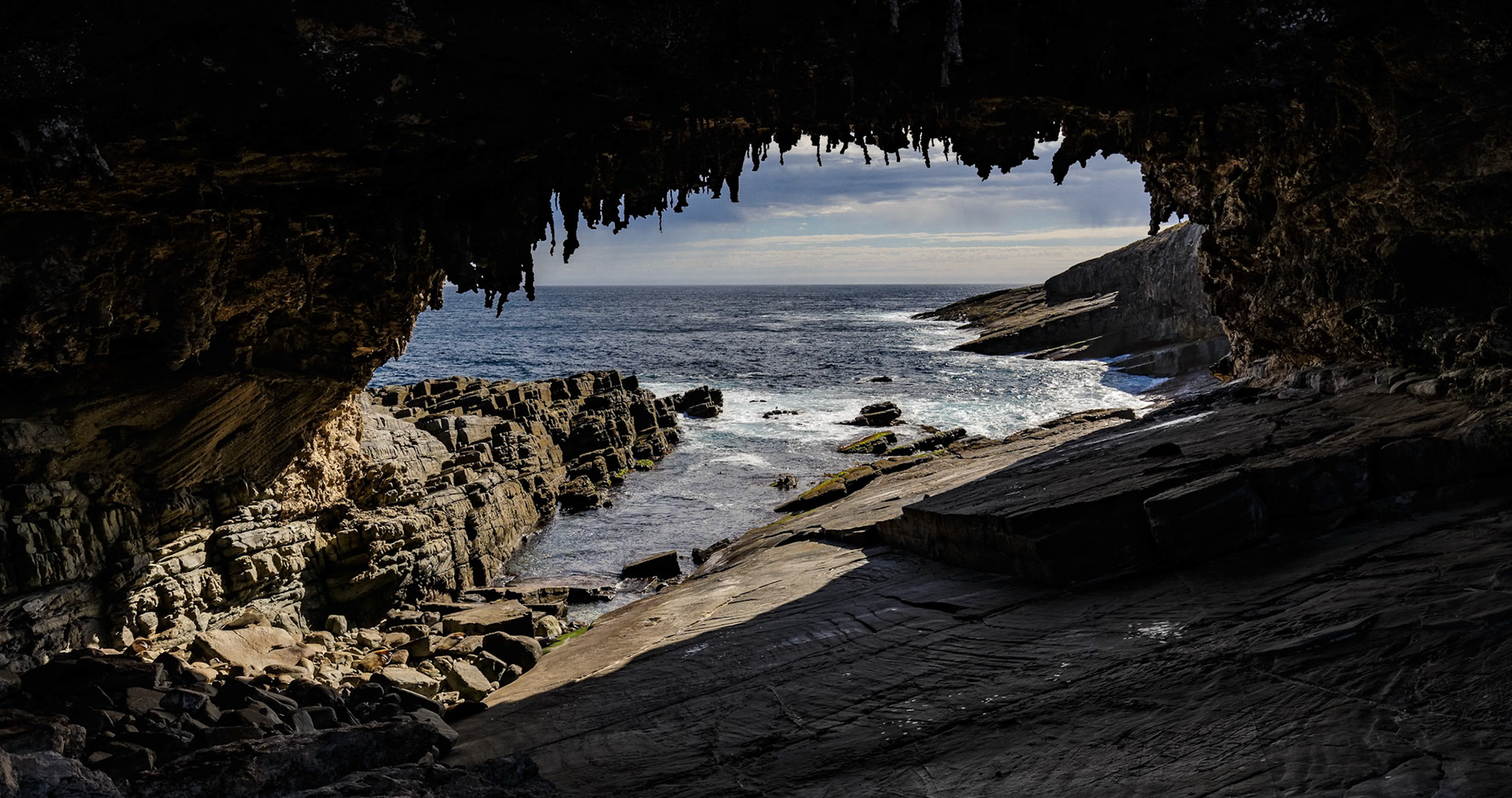 Seeing through the arch at Admirals Arch on Kangaroo Island, Australia