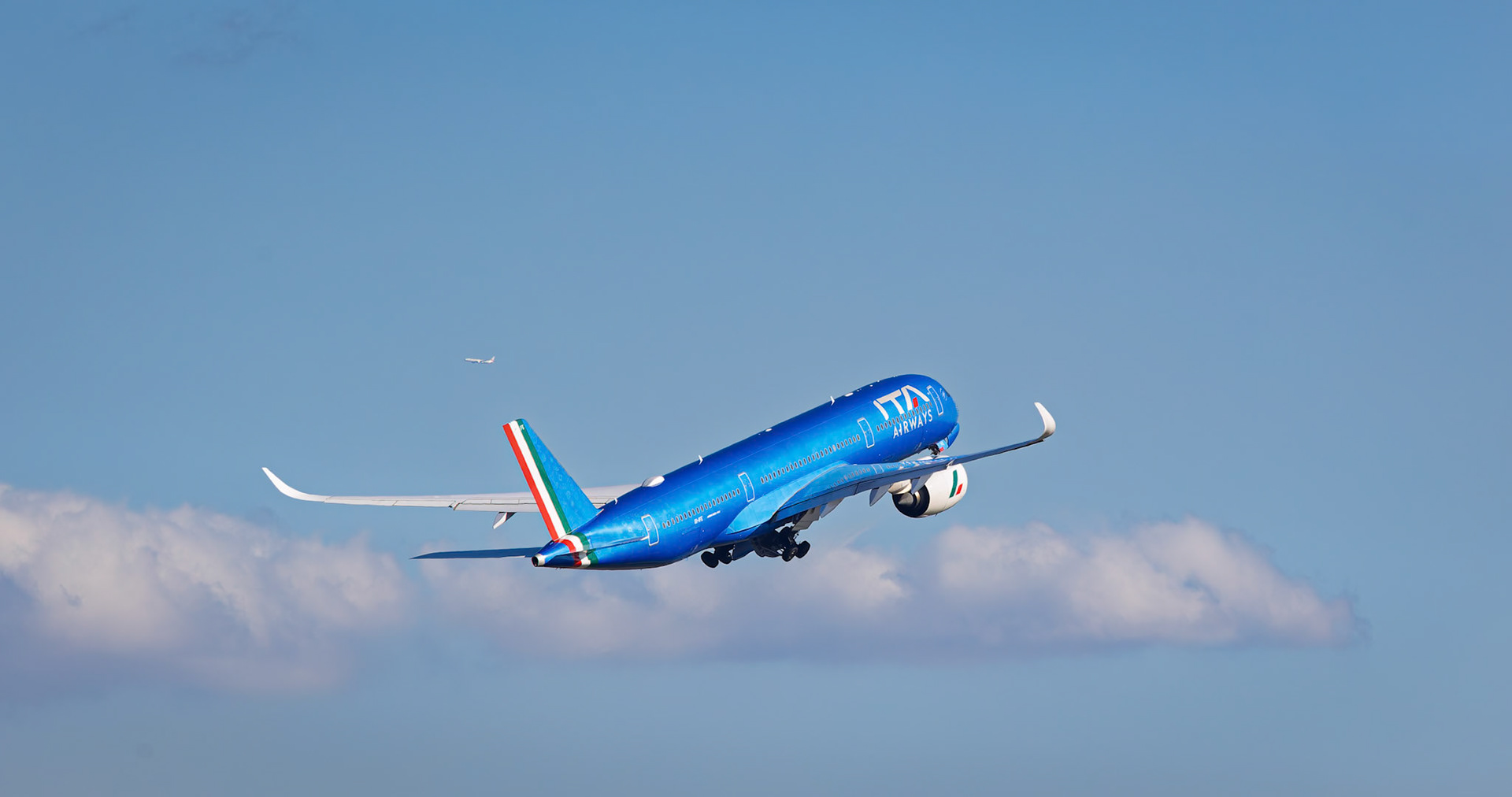 ITA Airways Airbus A350-900 (EI-IFE) Departing to Leonardo da Vinci Int'l, captured from Terminal 2 viewing platform at Haneda Airport in Tokyo, Japan