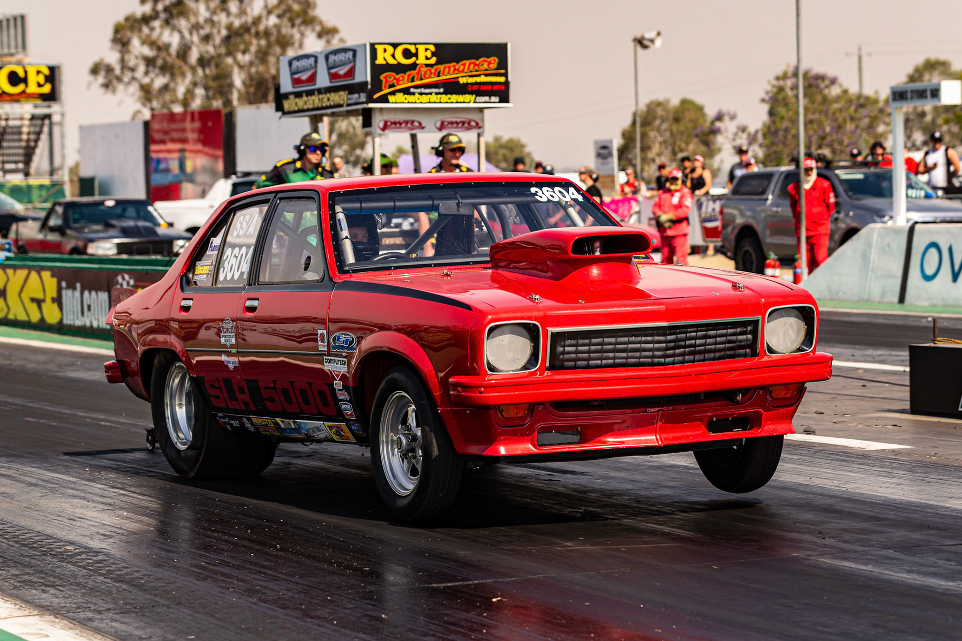 Competitor off the start line at the Aeroflow Outlaw Nitro Funnycar event on the 9th of November, 2019 at Willowbank Raceway in Queensland, Australia
