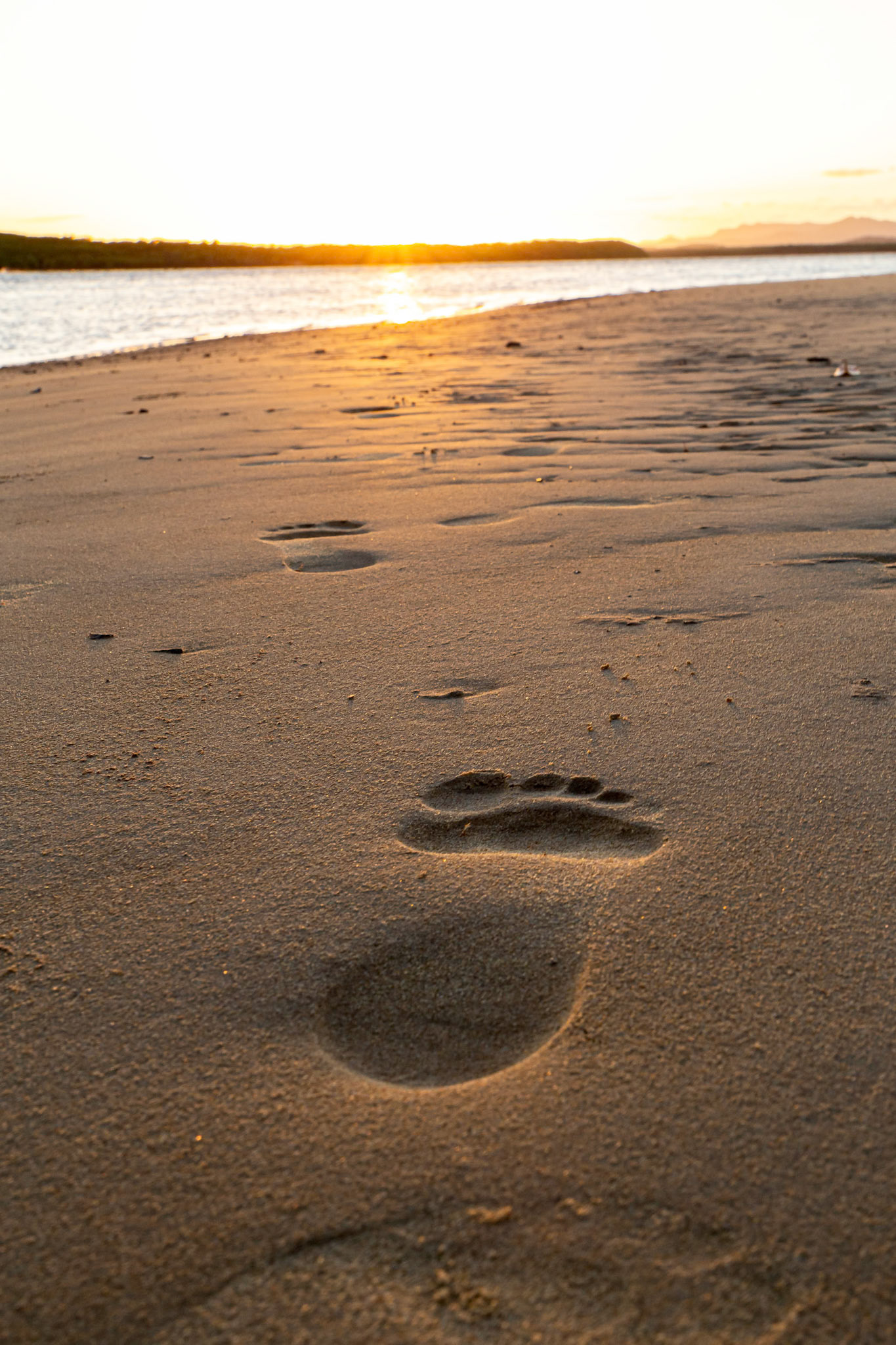 "Take only Photos, Leave only Footprints", Foot prints in the sand under the sunset over Endeavour River from the Cooktown Sunset Cruise in Cooktown, Queensland