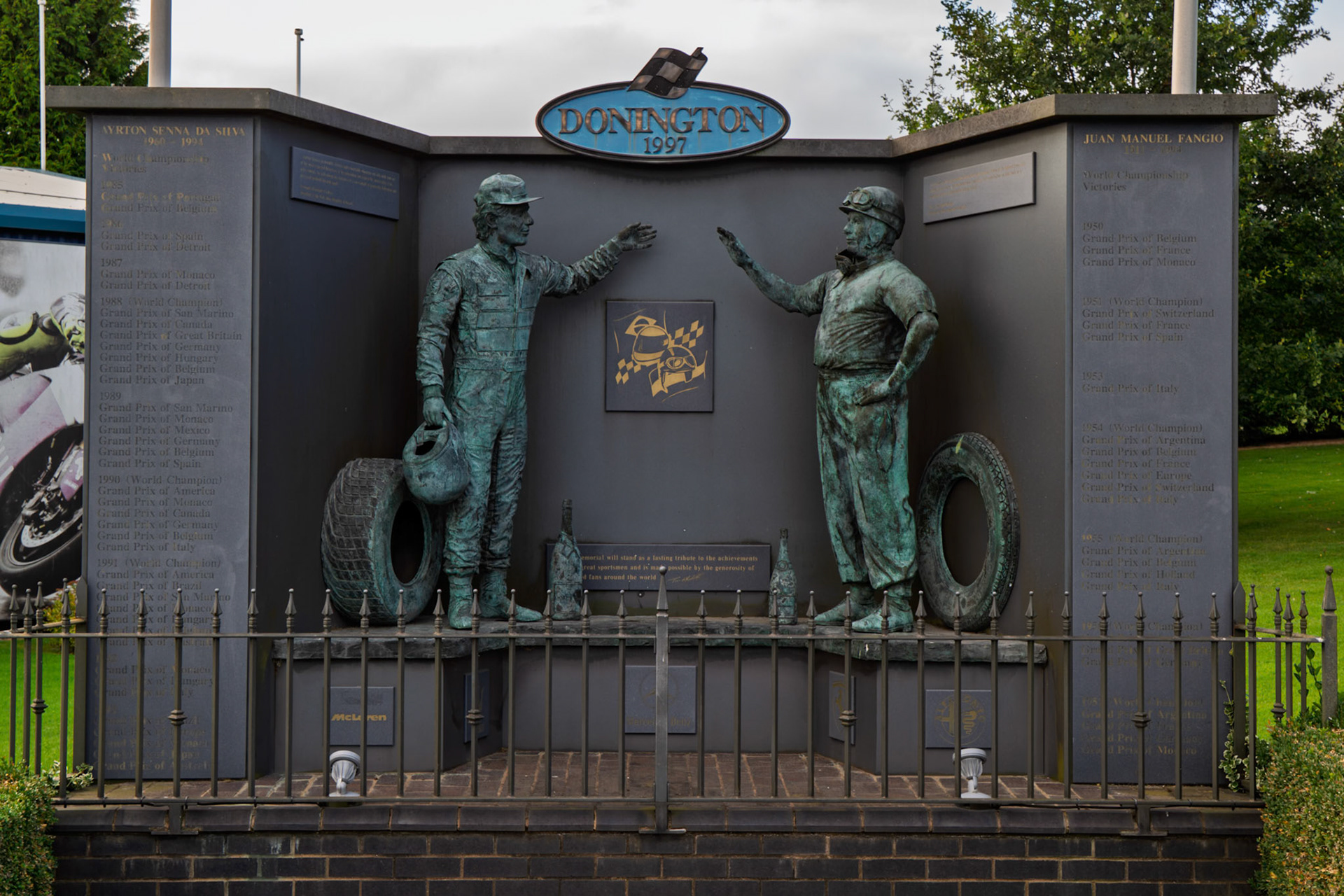 Memorial to Ayrton Senna Da Silva and juan Manual Fangio at Donington Park Museum, England