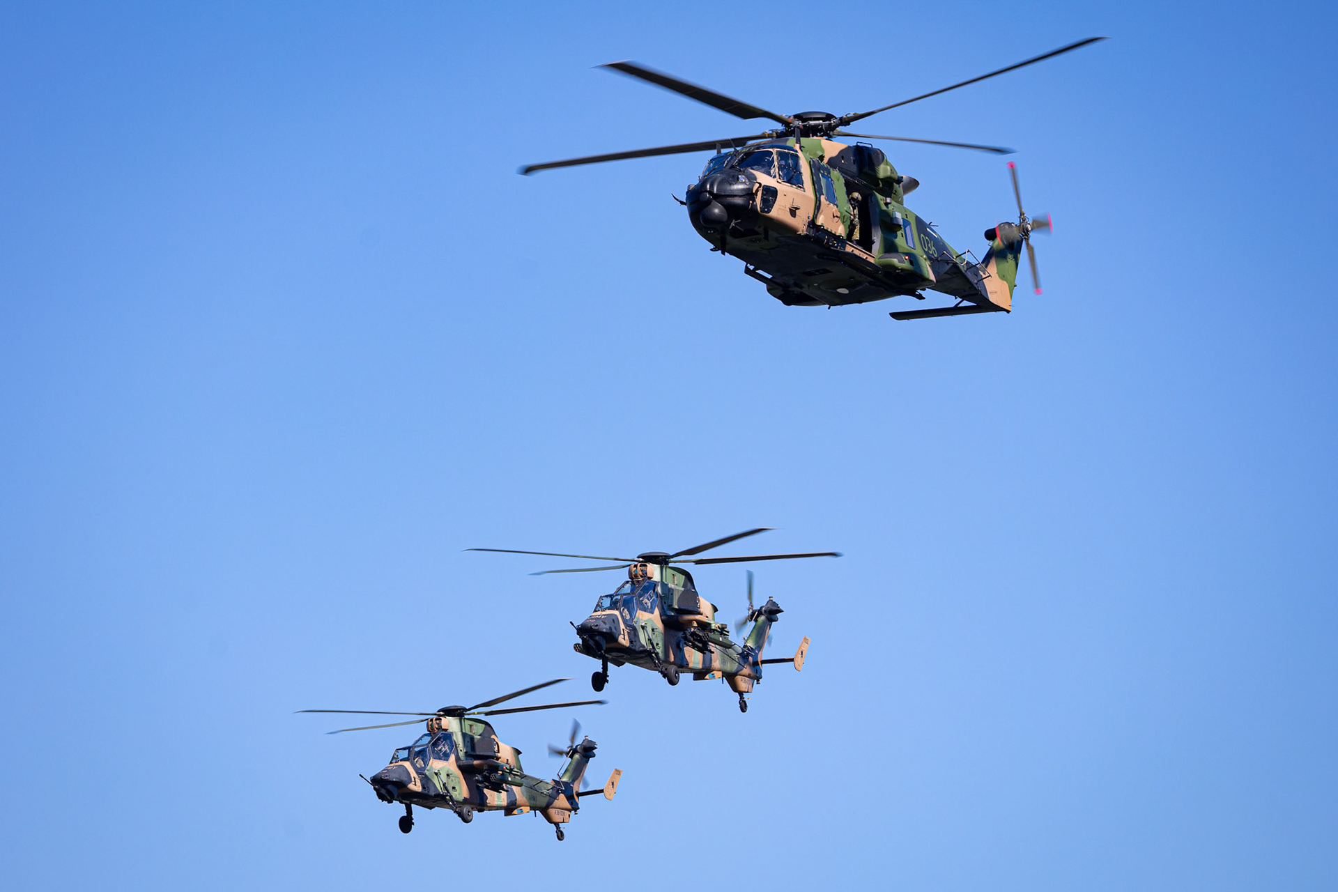 Army’s ARH and MRH90 helicopters based from RAAF Amberley conducting rehearsal flyovers of Brisbane CBD in support of Sunsuper Riverfire, Australia