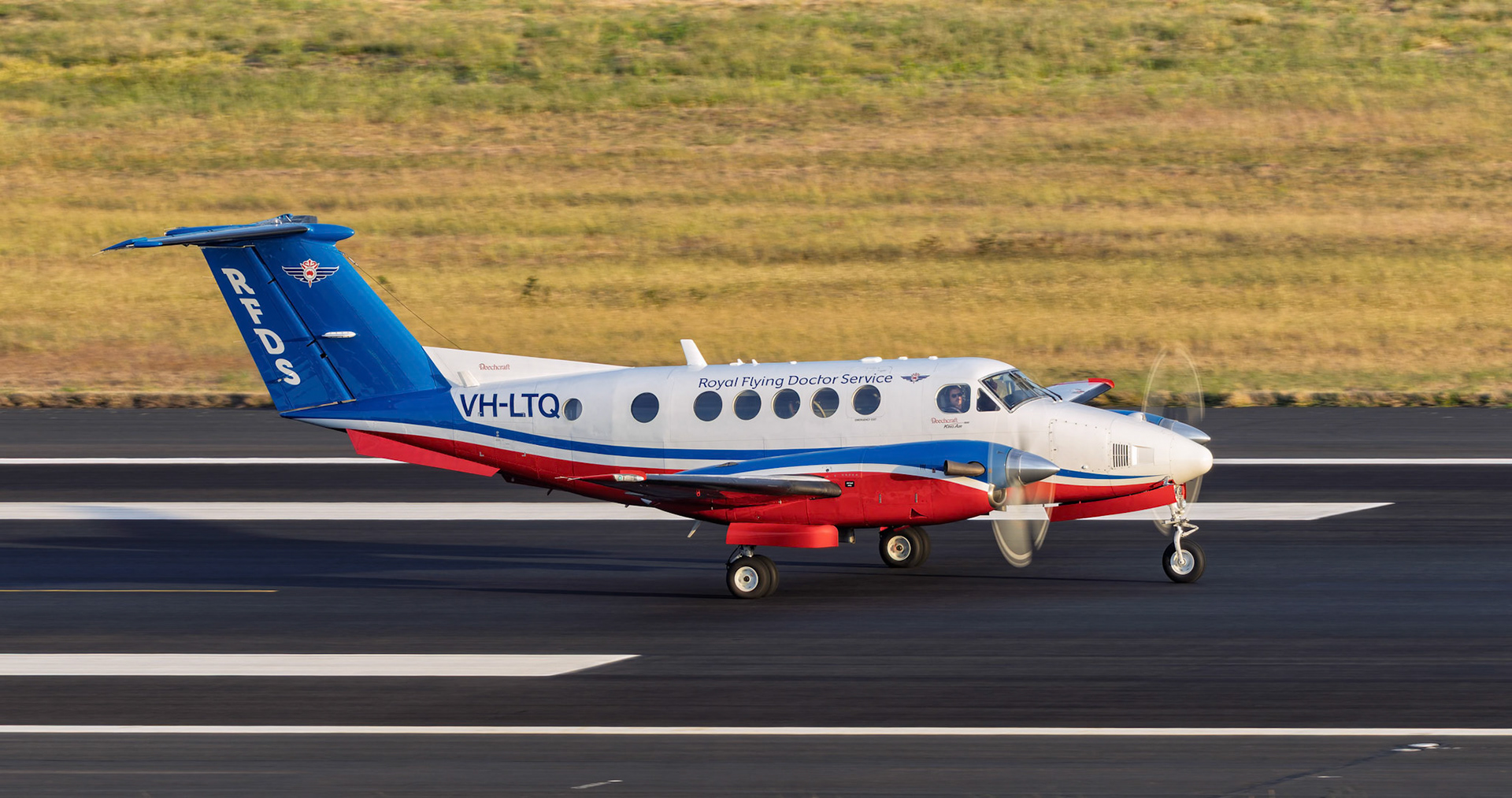 Royal Flying Doctor Service Beech King Air 200C [VH-LTQ] Departing to Dubbo from the P3 Carpark, Sydney Airport, Australia