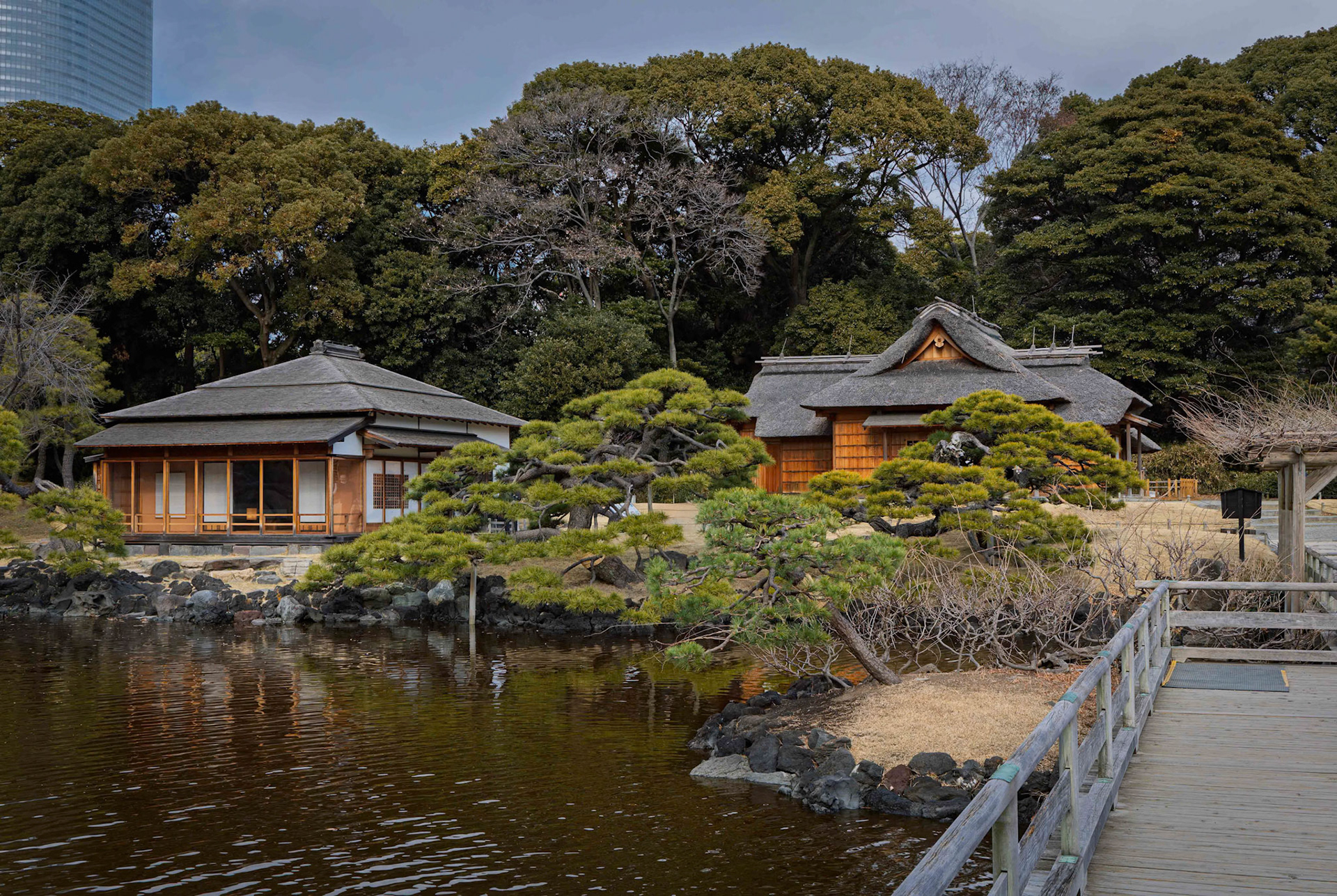 House on the lake inside the Hamarikyu Gardens in Tokyo, Japan