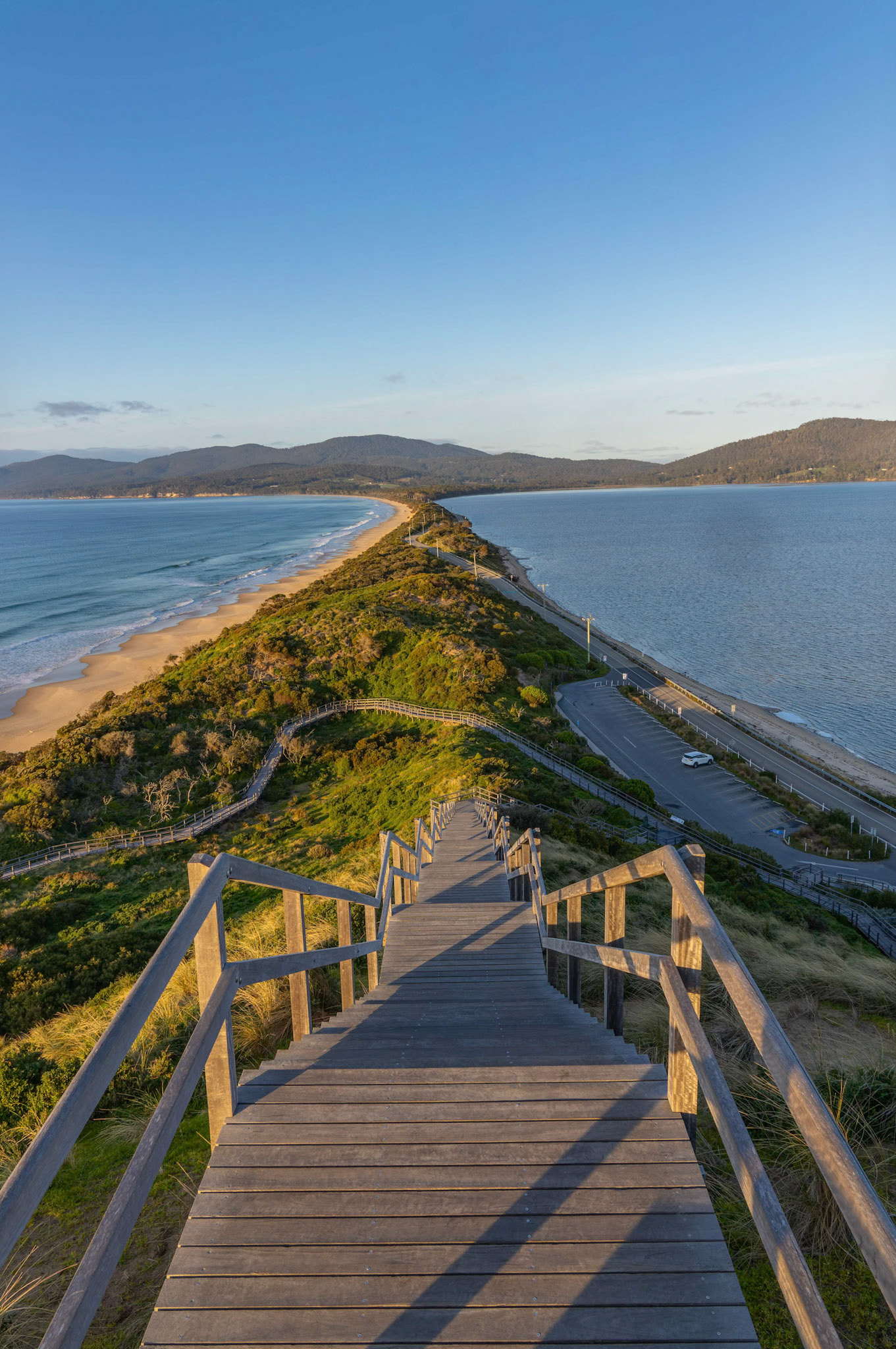 The view from The Neck Game Reserve Lookout on Bruny Island of the coast off Tasmania, Australia