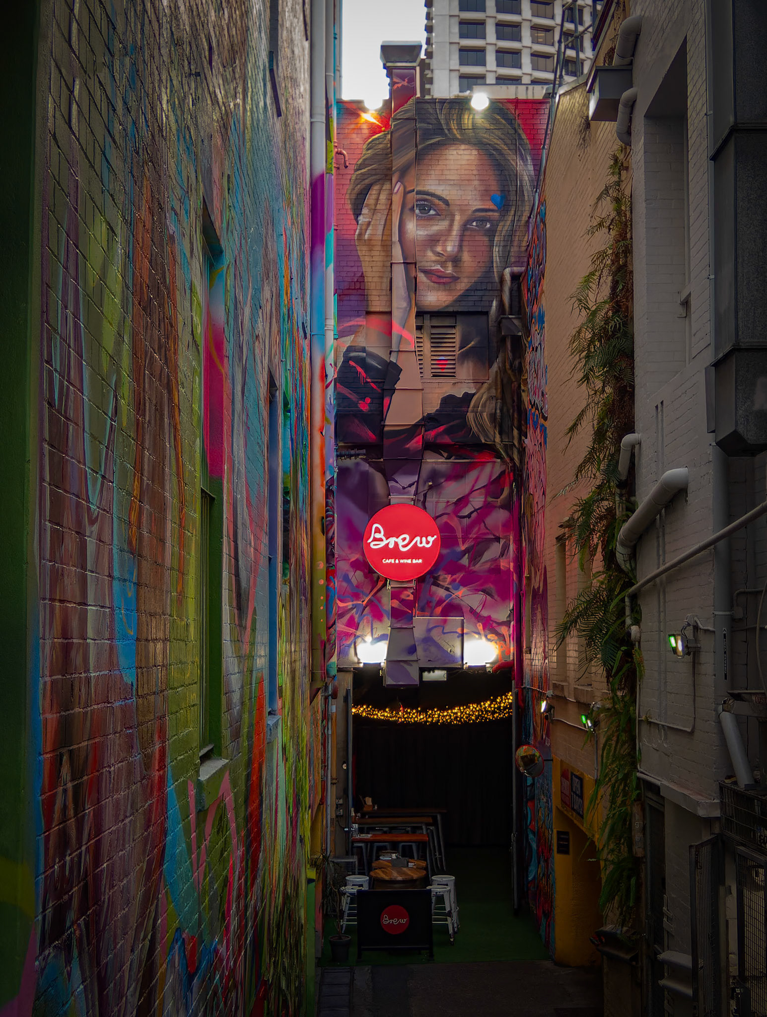 Street Art outside of the Bew Cafe and Wine bar, near the corner of Burnett Lane and Albert Street in Brisbane, Australia