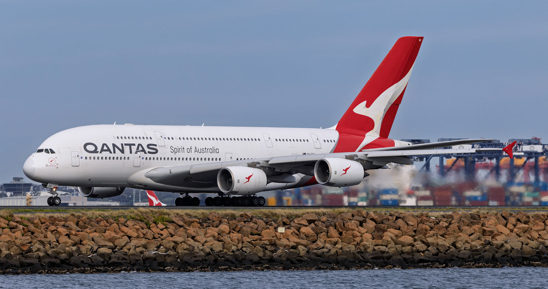 Qantas Airbus A380-842 [VH-OQG] Departing to Singapore from The Beach, Sydney Airport, Australia