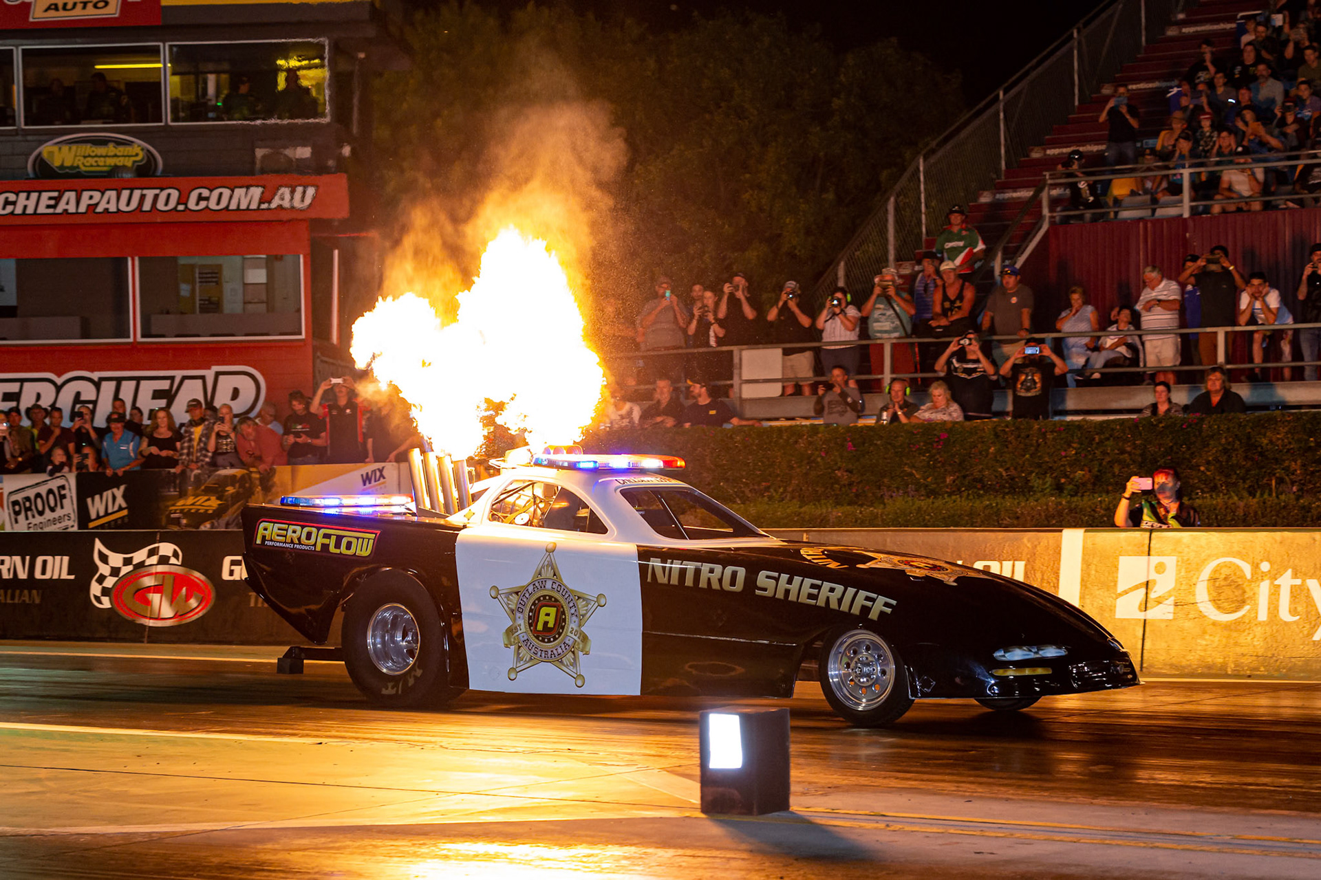 Chelsea Leahy in the Nitro Sheriff at the Aeroflow Outlaw Nitro Funnycar event on the 9th of November, 2019 at Willowbank Raceway in Queensland, Australia