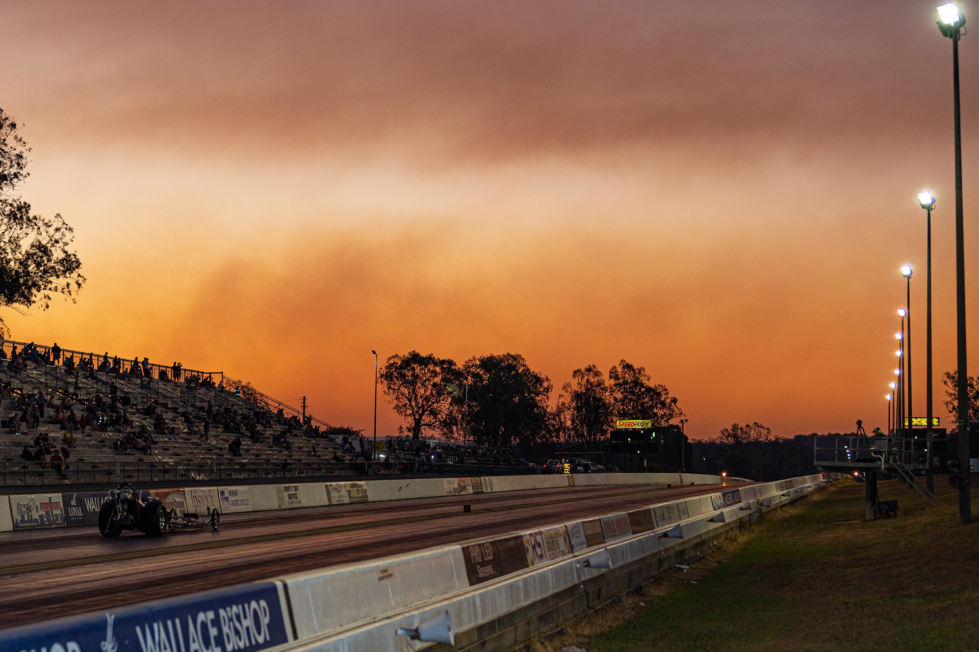 Competitor completing a run at the Aeroflow Outlaw Nitro Funnycar event on the 9th of November, 2019 at Willowbank Raceway in Queensland, Australia
