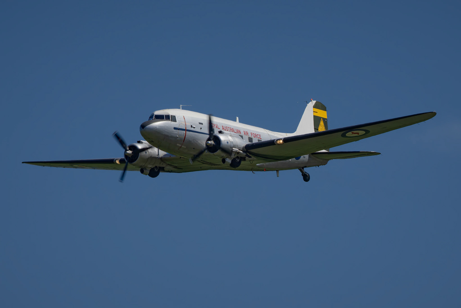 Douglas C47 Flying Formation from the Historical Aircraft Restoration Society on display at the Shellharbour Airport, during the Airshows Downunder Shellharbour, New South Wales, Australia.