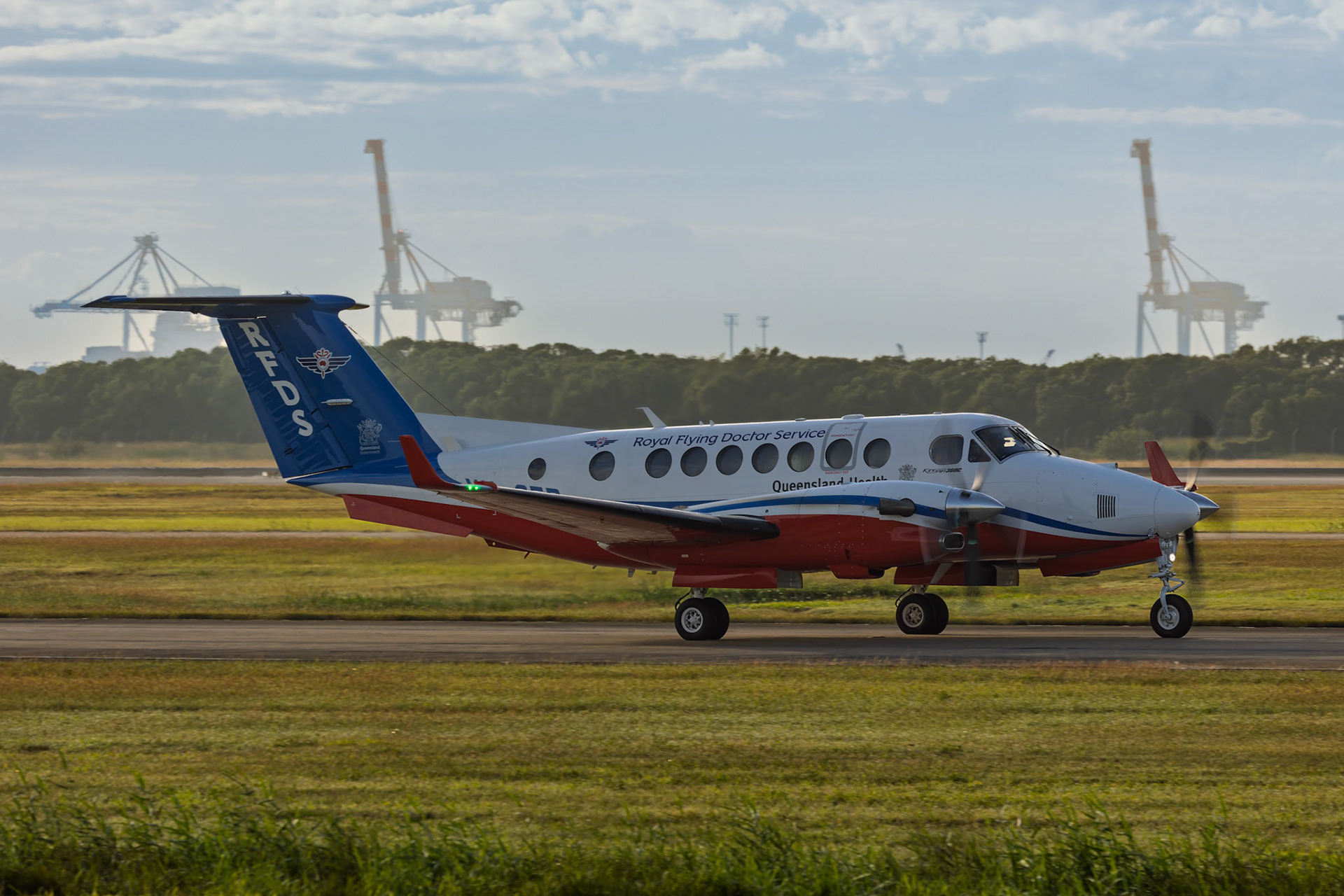 Royal Fflying Doctors Service Australia Beech King Air 360CER [VH-8FD], Departing to Roma at Brisbane International Airport, Australia