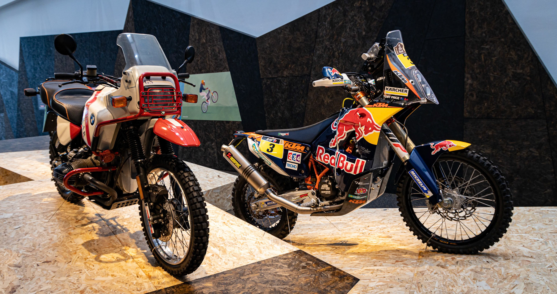 Dakar bikes including Toby Price's Red Bull KTM in the Exhibition The MotorCycle at GOMA in Brisbane, Australia
