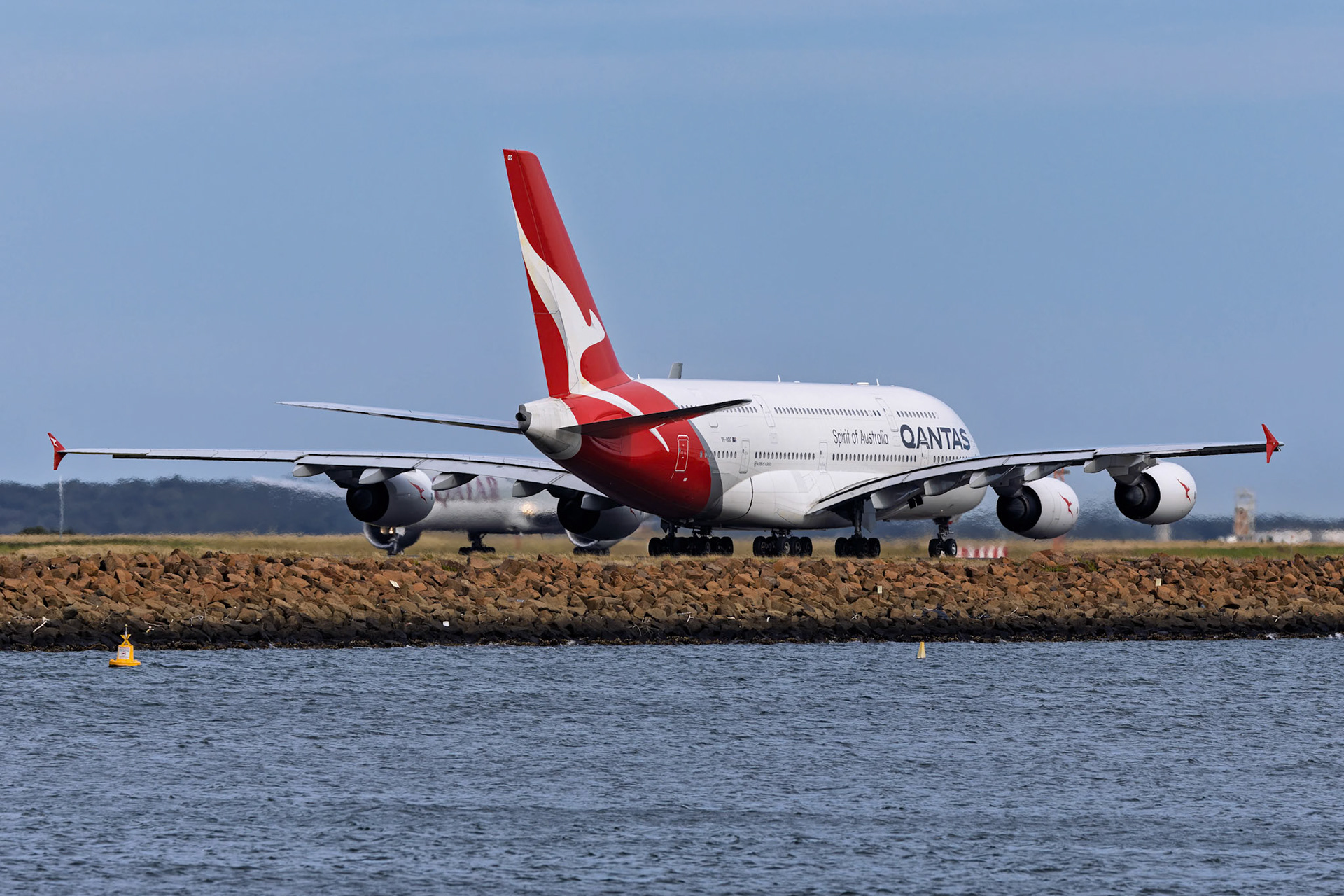 Qantas Airbus A380-842 [VH-OQG] Departing to Singapore from The Beach, Sydney Airport, Australia