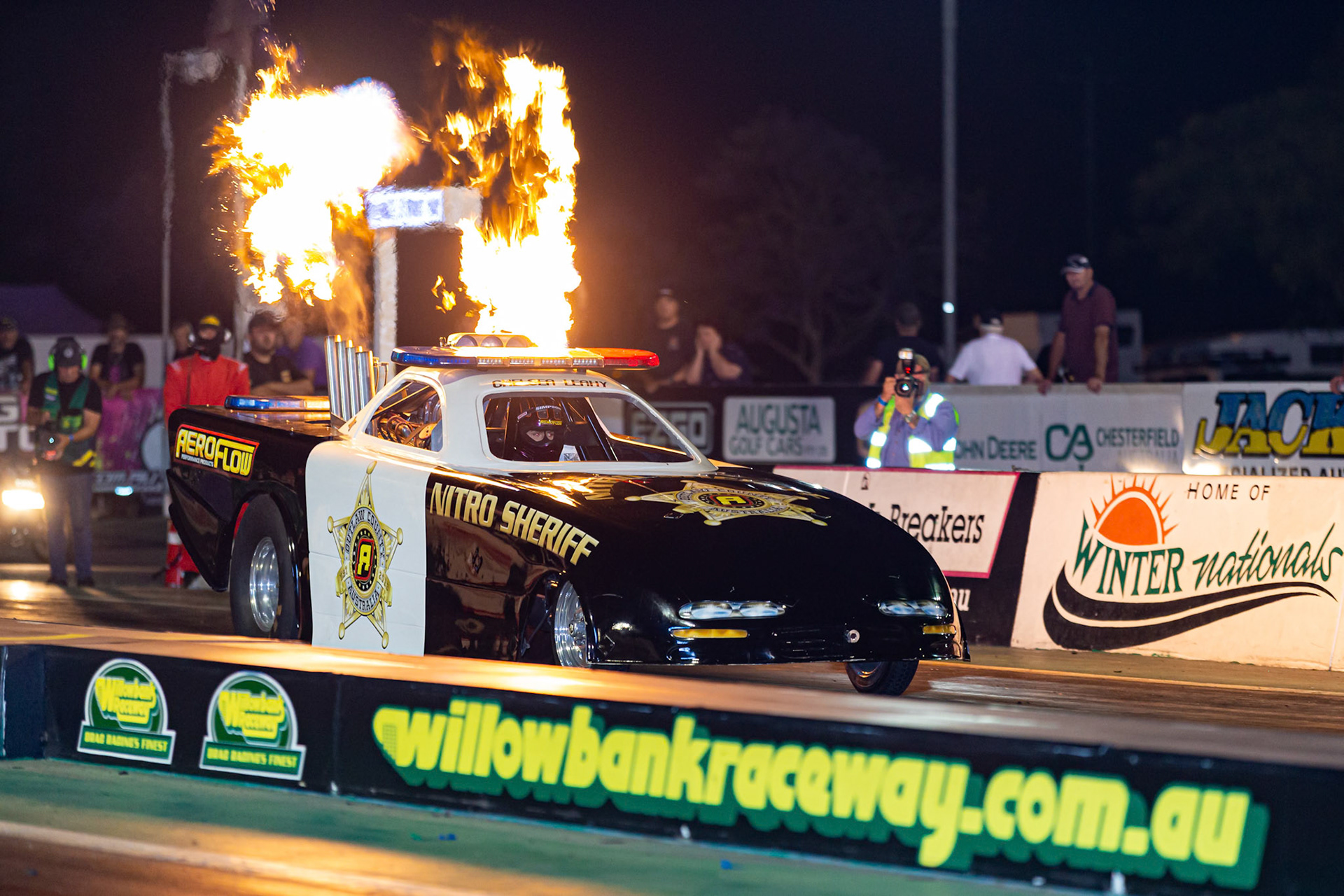 Chelsea Leahy in the Nitro Sheriff at the Aeroflow Outlaw Nitro Funnycar event on the 9th of November, 2019 at Willowbank Raceway in Queensland, Australia