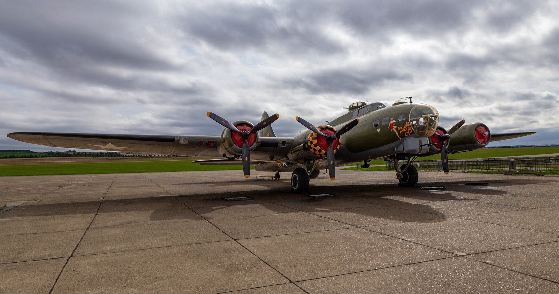 Boeing B-17G Sally B with Memphis Belle livery on display at the Duxford Imperial War Museum in Cambridge, United Kingdom