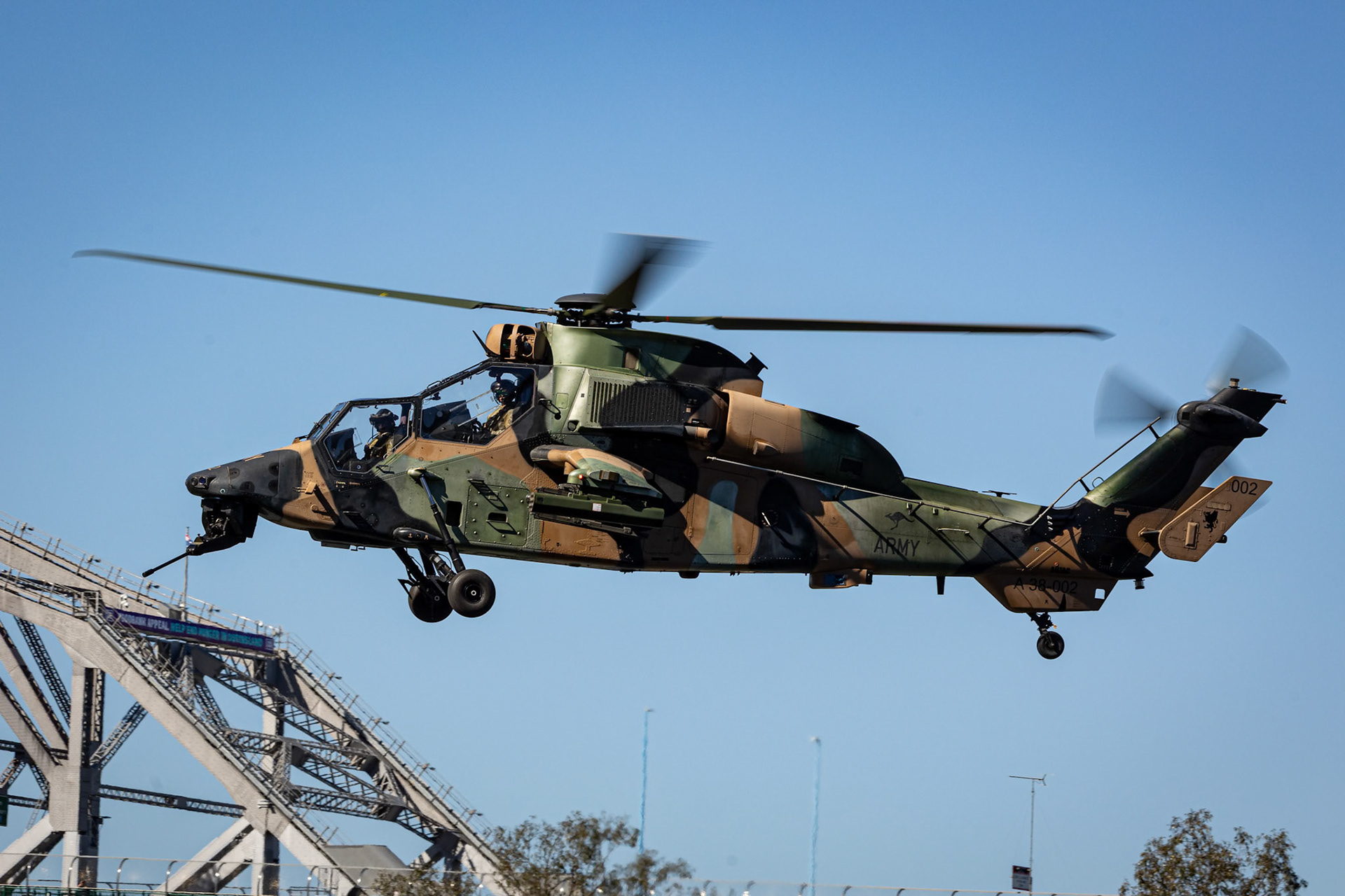 Army’s ARH helicopters based from RAAF Amberley conducting rehearsal flyovers of Brisbane CBD in support of the 2021 Sunsuper Riverfire, Australia