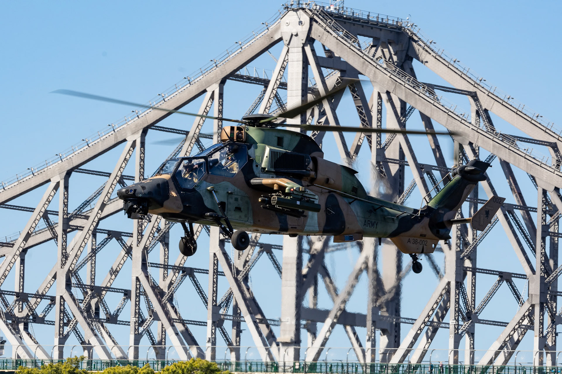 Army’s ARH helicopter based from RAAF Amberley conducting rehearsal flyovers of Brisbane CBD in support of Sunsuper Riverfire, Australia