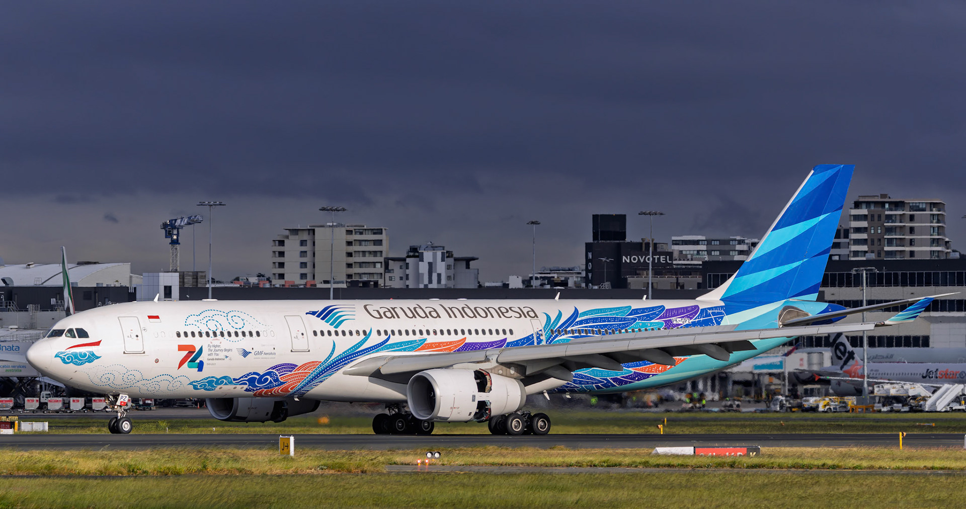 Garuda Indonesia Airbus A330-343 (74th Anniversary Livery) [PK-GPZ] Arriving from Denpasar from the Sheps Mound, Sydney Airport, Australia