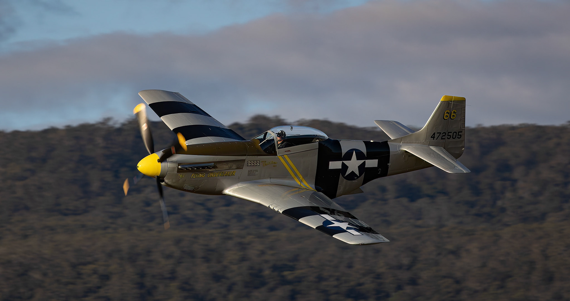 The P-51D Mustang in flight at the 2022 Brisbane Airshow at Watts Bridge Memorial Airport, Australia