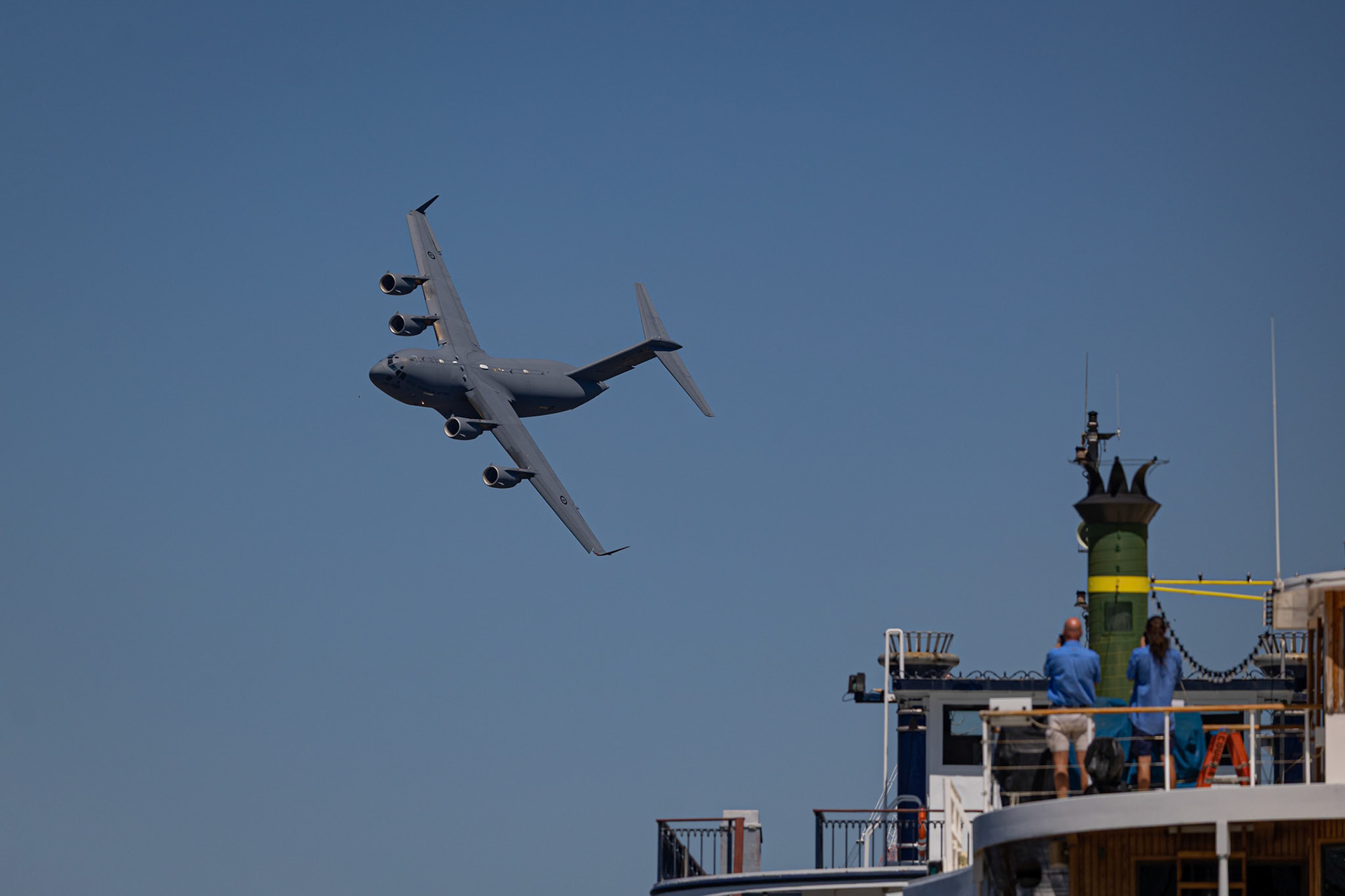 C-17A Globemaster III based from RAAF Amberley conducting rehearsal flyovers of Brisbane CBD in support of the 2021 Sunsuper Riverfire, Australia