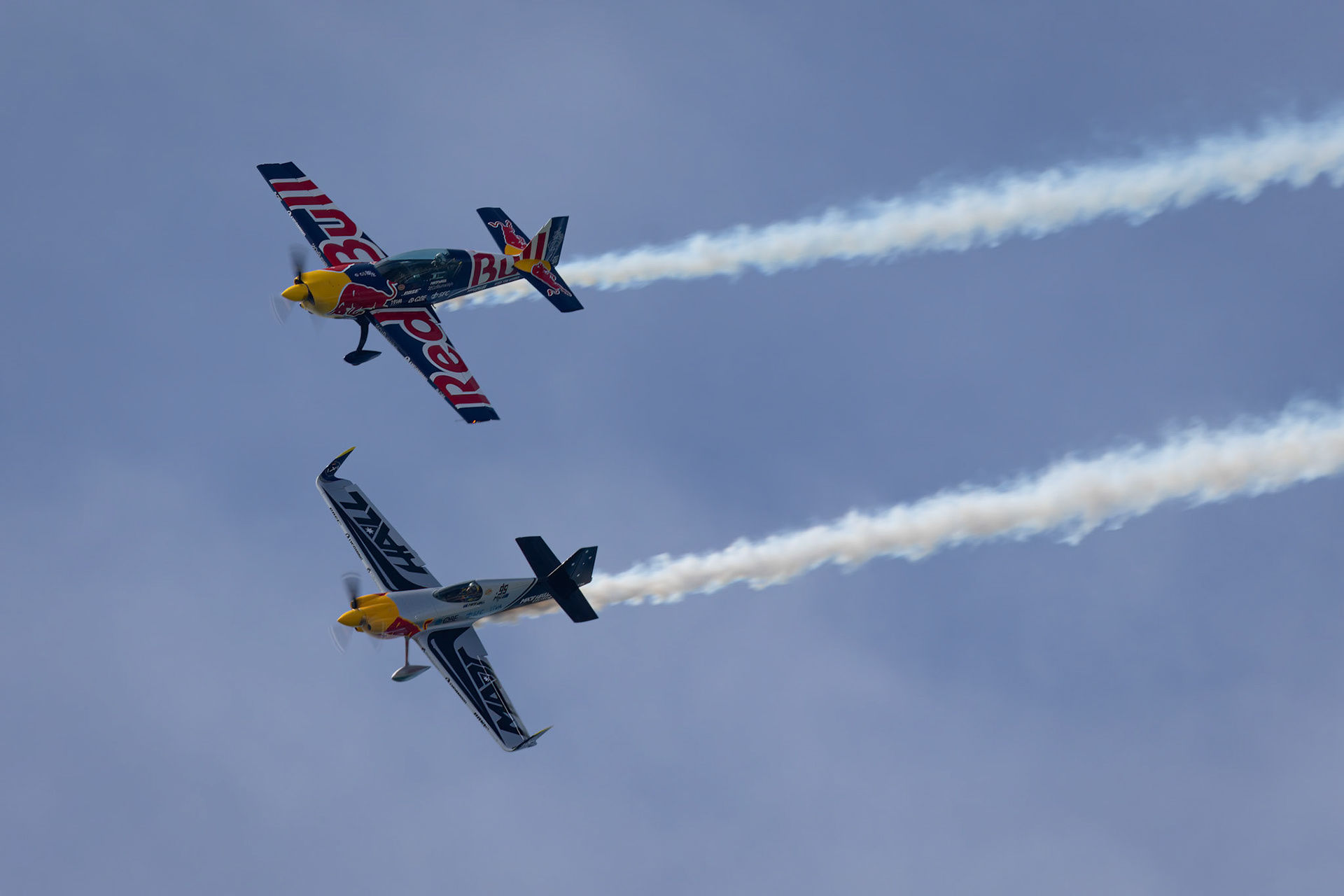 Matt Hall in MXS and Emma McDonald in the Extra 330 on display at the Pacific Airshow on the Gold Coast, Australia