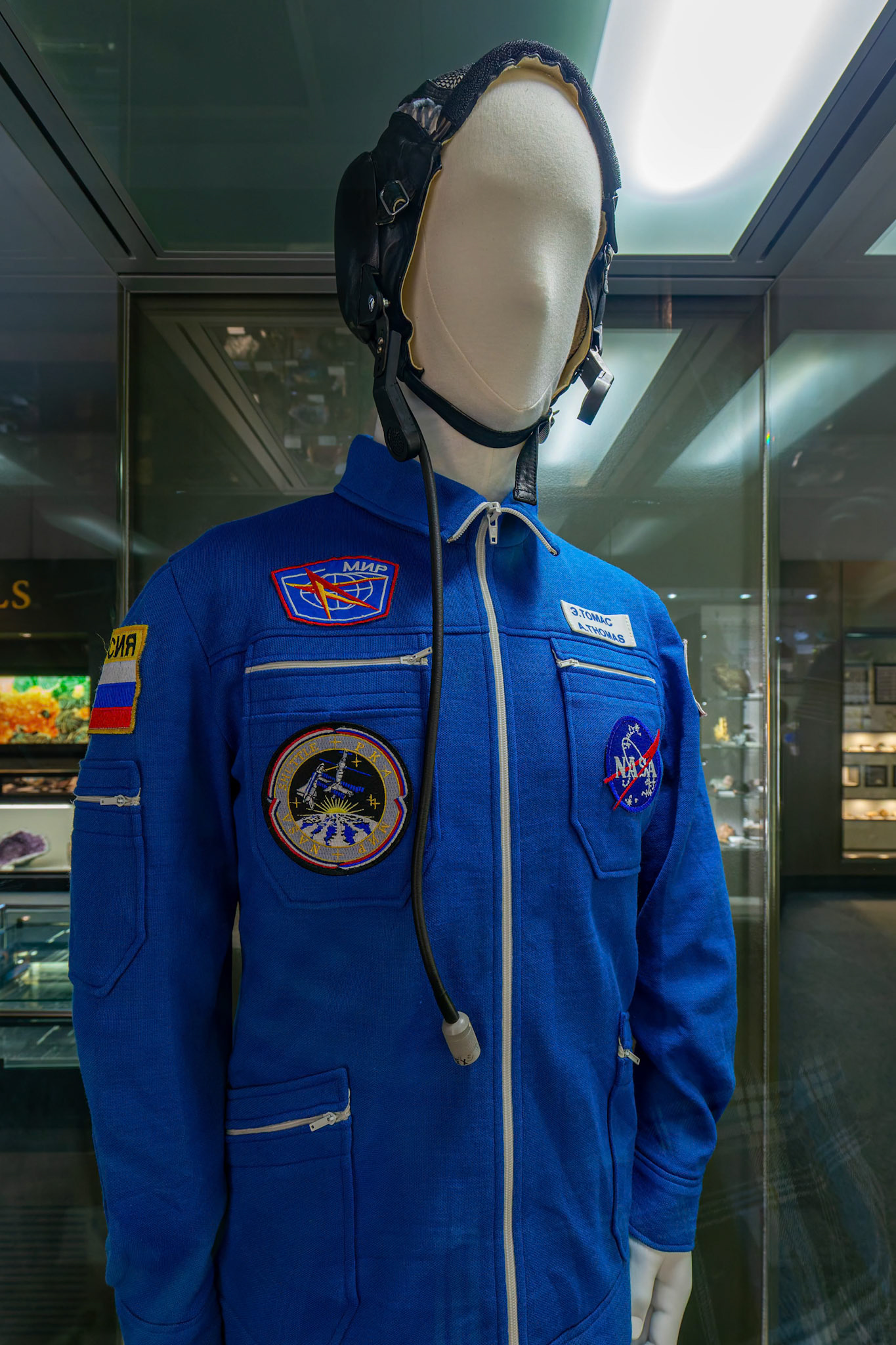 A Suit used by Andy Thomas during his stay on the Russian Space Station Mir in 1989 on display at the South Australian Museum in Adelaide, South Australia, Australia
